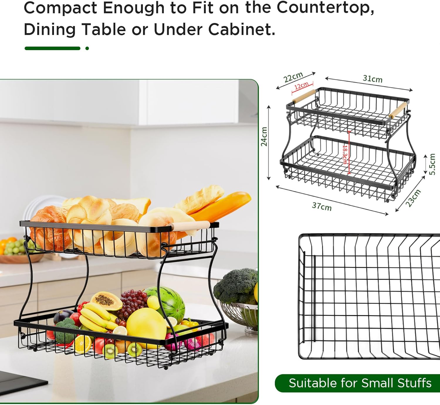VINATO Fruit Basket, Fruit Stand 2 Tier with Wooden Handles for Kitchen, Bathroom & More - Fruit Stand, Vegetable & Kitchen Organisation, Snack Organiser, Black image number 3