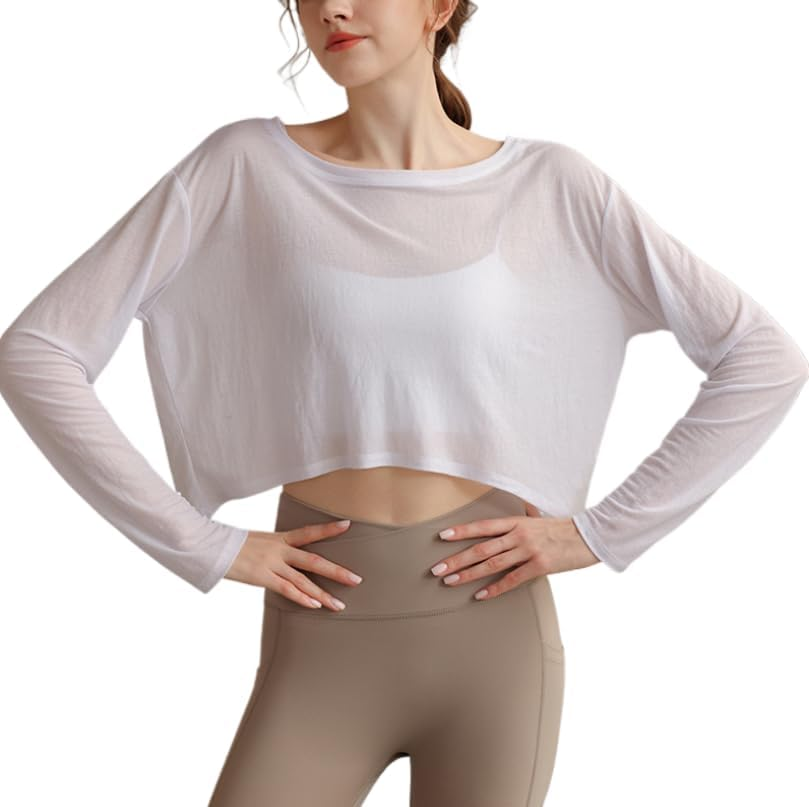 Skywardzizi Women'S Sportswear Loose Long Sleeve Tops Yoga Wear Short Length Navel Reveal Transparent Fitness Tops Sexy Dance Gym Yoga Shirt