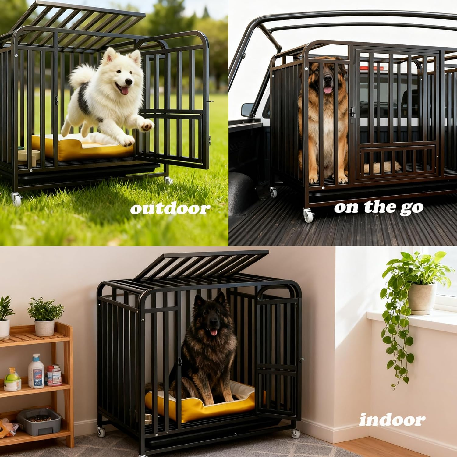 Dog Crate with Removable Tray, Large Dog Cage with Wheels, Double Door Kennel Black 110 * 75 * 95Cm