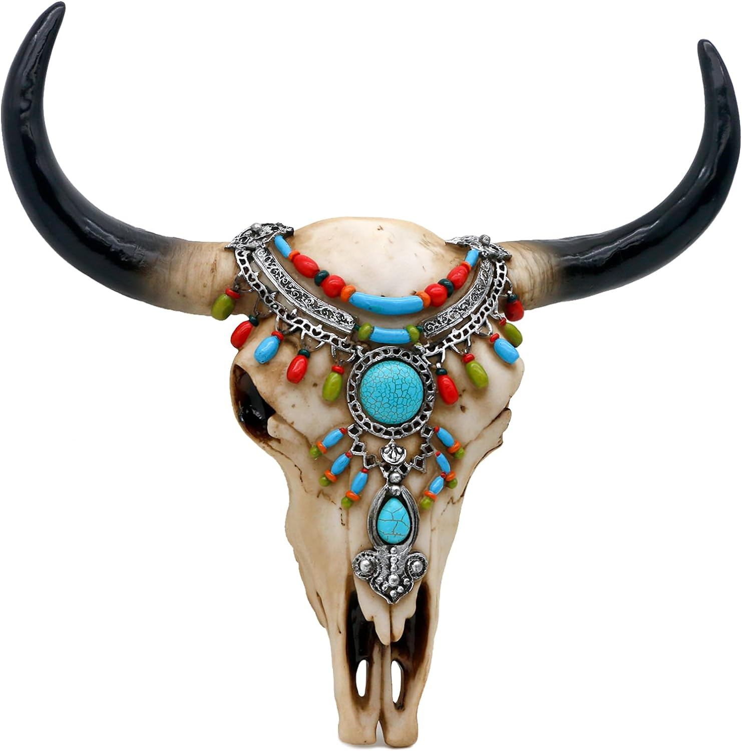 Southwest Cow Skull Wall Decor - Rustic Tribal Bull Skull Head with Turquoise Stone 3D Resin Long Horn Faux Bison Steer Buffalo Wall Hanging for Home Office Room Wall Art Wall Ornament image number 3