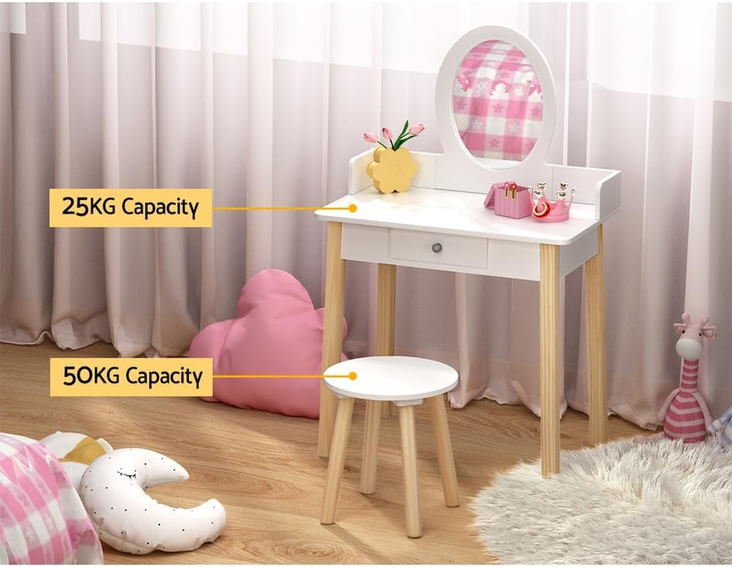 Keezi Kids Vanity Dressing Table Stool Set with Mirror Drawer, 2 in 1 Children Dresser Makeup Desk Chair for Girls Bedroom Furniture, MDF Board Smooth Surface with 4 Wooden Legs White image number 2