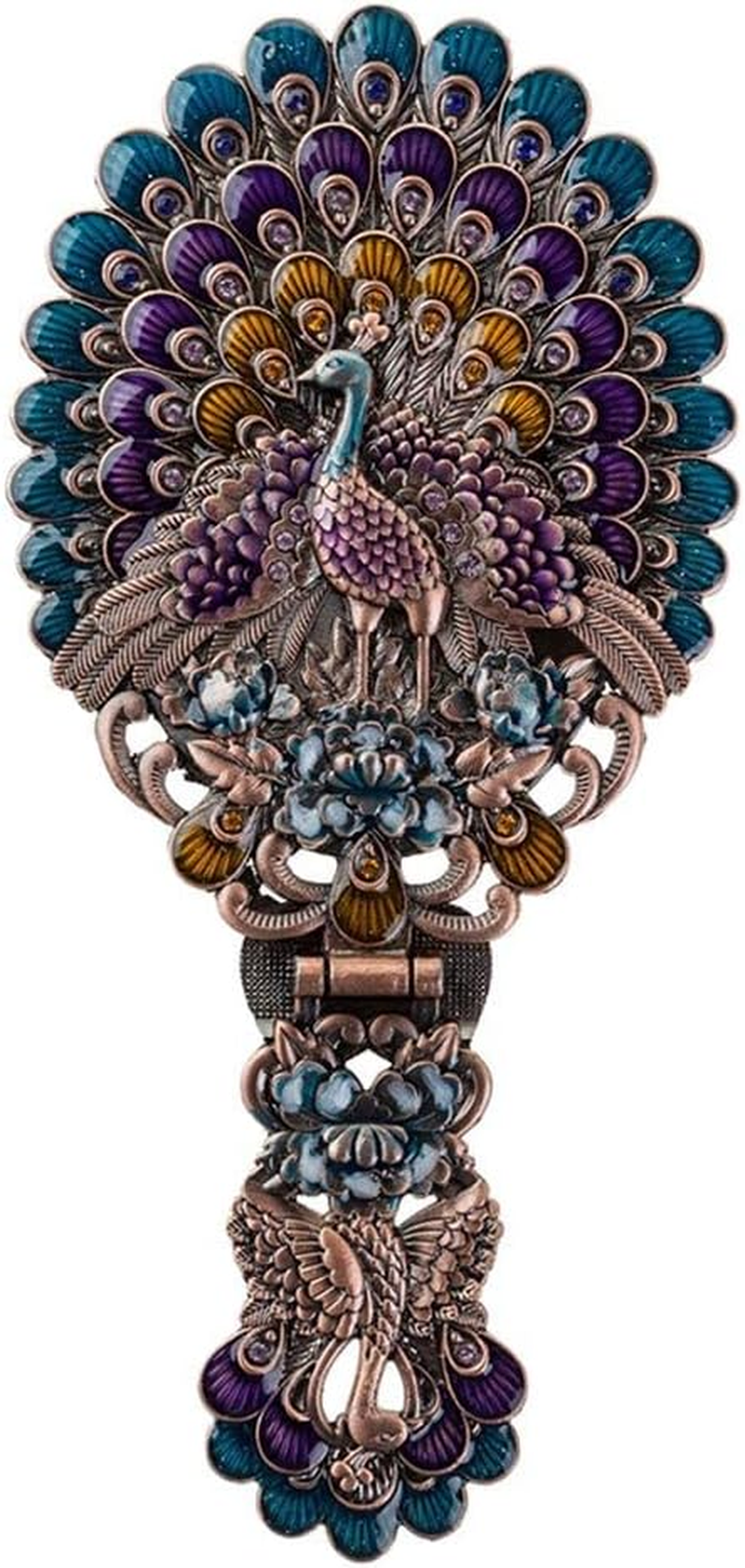 Nerien Women'S Antique-Style Foldable Metal Phoenix Cosmetic Mirror Peacock Vanity Mirror Portable Handle Mirror Copper
