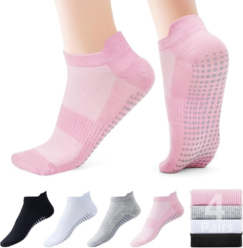 4 Pairs Pilates Socks Grip for Women Non-Slip Grippy Yoga Socks Ankle for Barre, Ballet, Barefoot Training & Workout Hospital Use