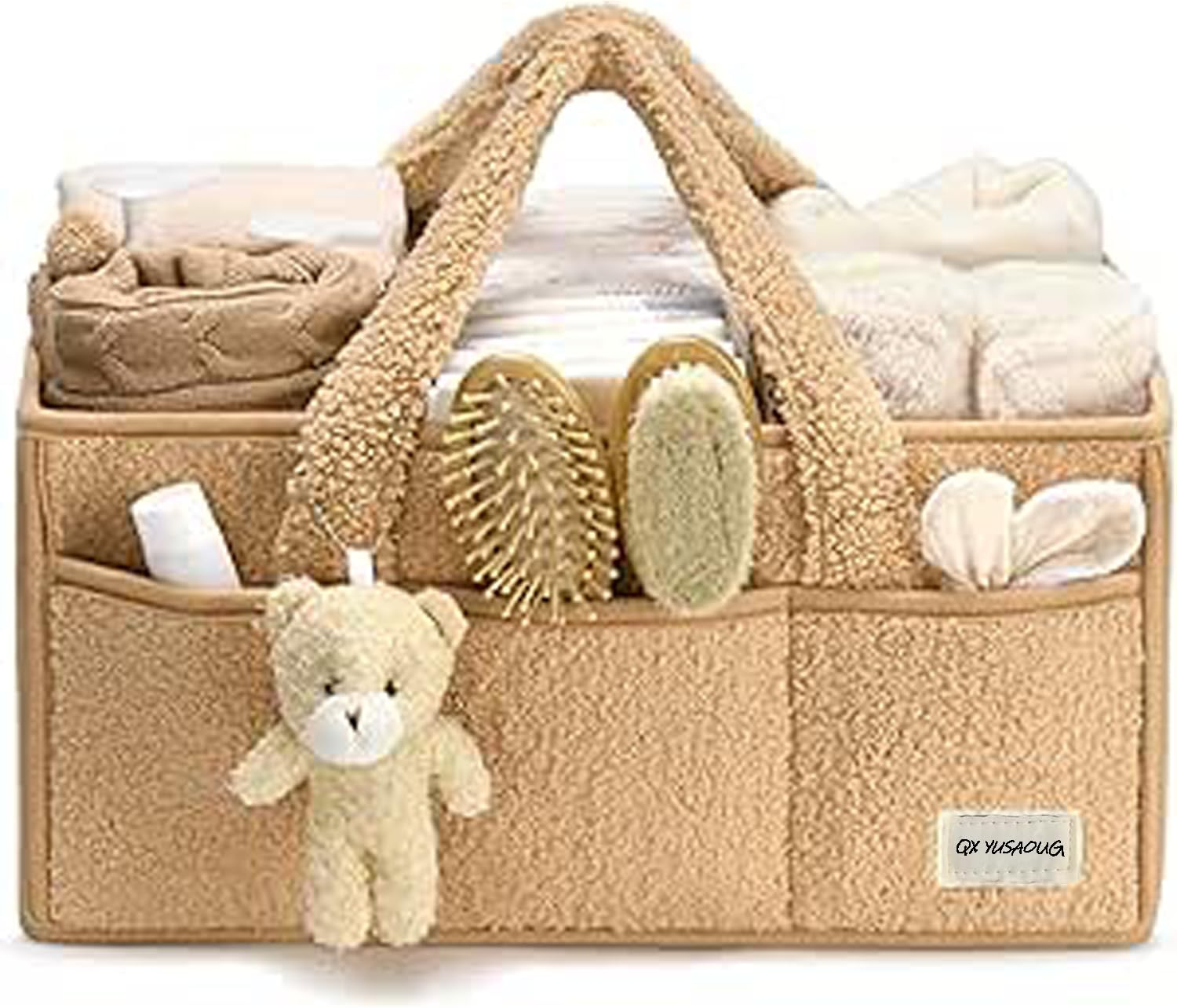 Baby Nappy Caddy Diaper Caddy Organizer, Baby Storage Basket for Diapers and Wipes (Beige Yellow, with Bear) image number 2