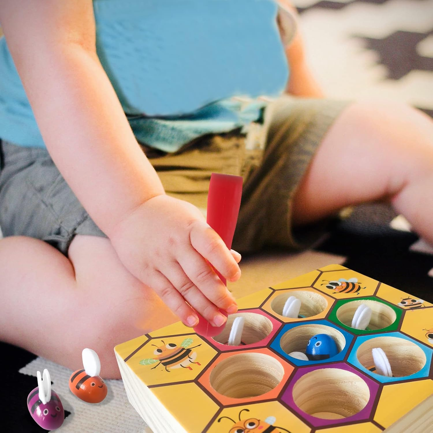 YUNCHY Toddler Fine Motor Skill Toy, Bee to Hive Matching Game, Montessori Wooden Color Sorting Matching Toy, Preschool Educational Learning Toys Toddler 2 3 Years Old image number 4