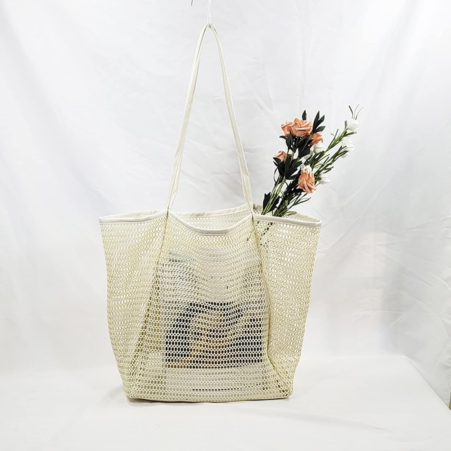 Large Mesh Beach Bag and Beach Bag Tote, Toy Tote Bag with Pockets Are Lightweight Foldable for Family Pool & Vacation Essential,Beige image number 3