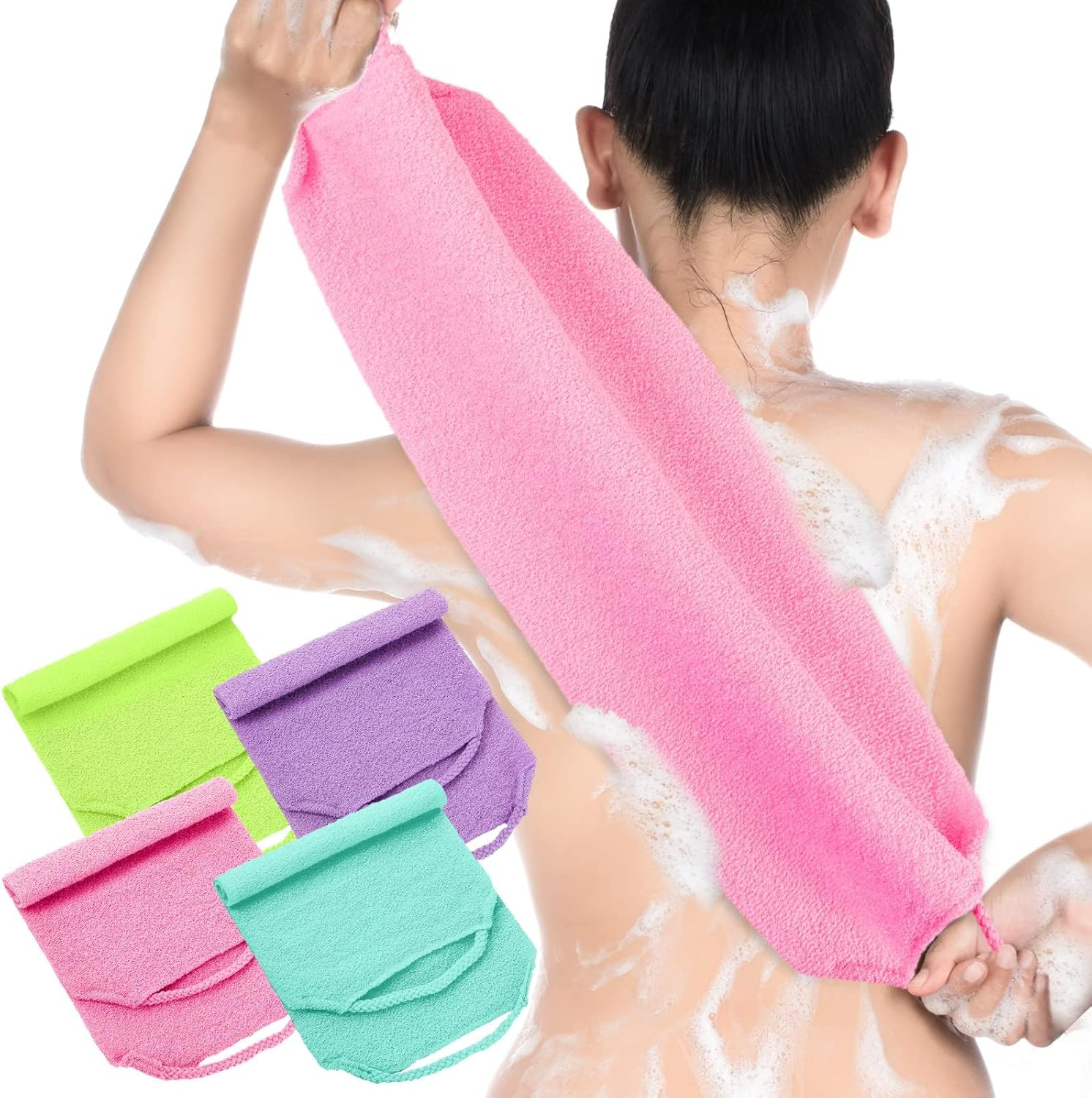 PAOFUFUI Exfoliating Back Scrubber with Handles 4 Pack Nylon Back Exfoliator Extended Length Washers Scrubbers Stretchable Pull Strap Exfoliating Washcloth (Pink,Blue,Fluorescent Green,Purple) image number 1