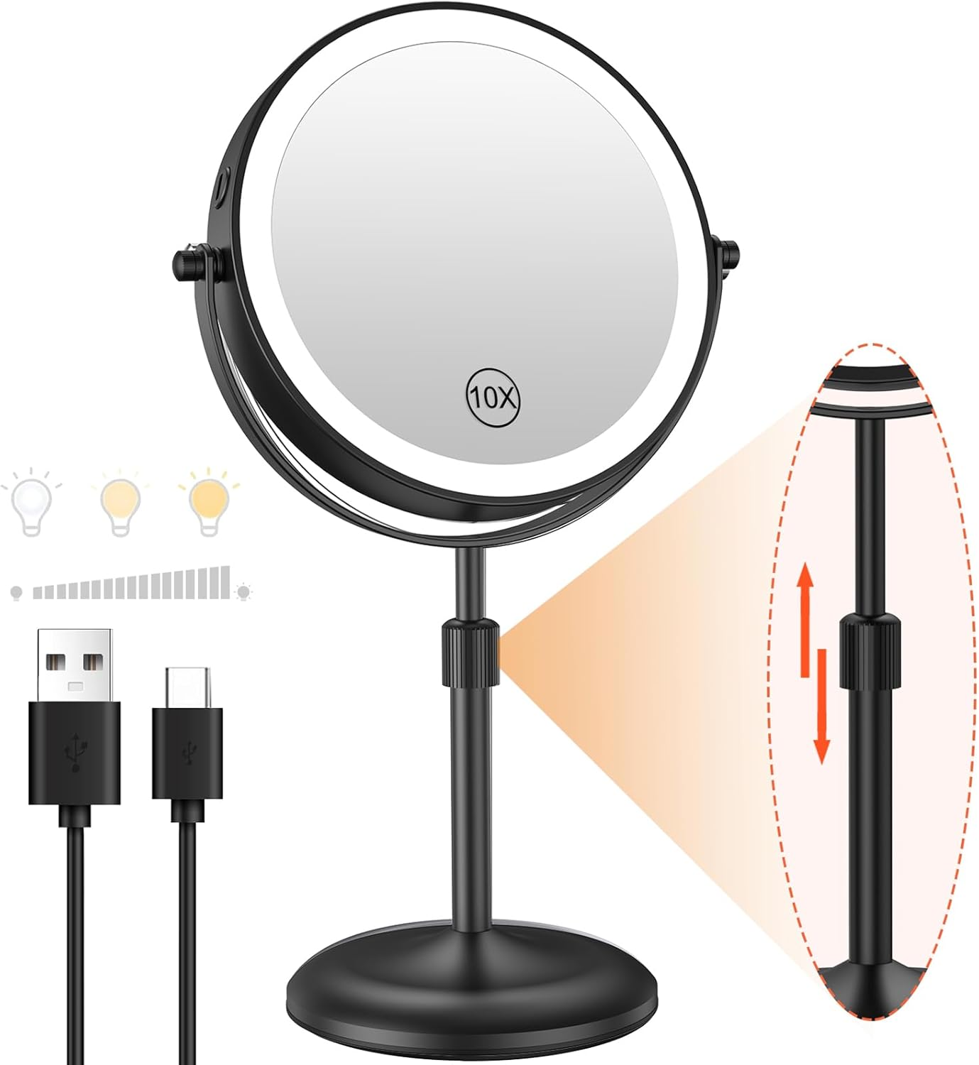 Benbilry Lighted Makeup Mirror with Adjustable Stand, [3 Color Dimmable Lights & 1X/10X Magnification & Type-C Rechargeable] 7" Double Sided Vanity Mirror, 360&deg; Swivel Cordless Standing Mirror Black