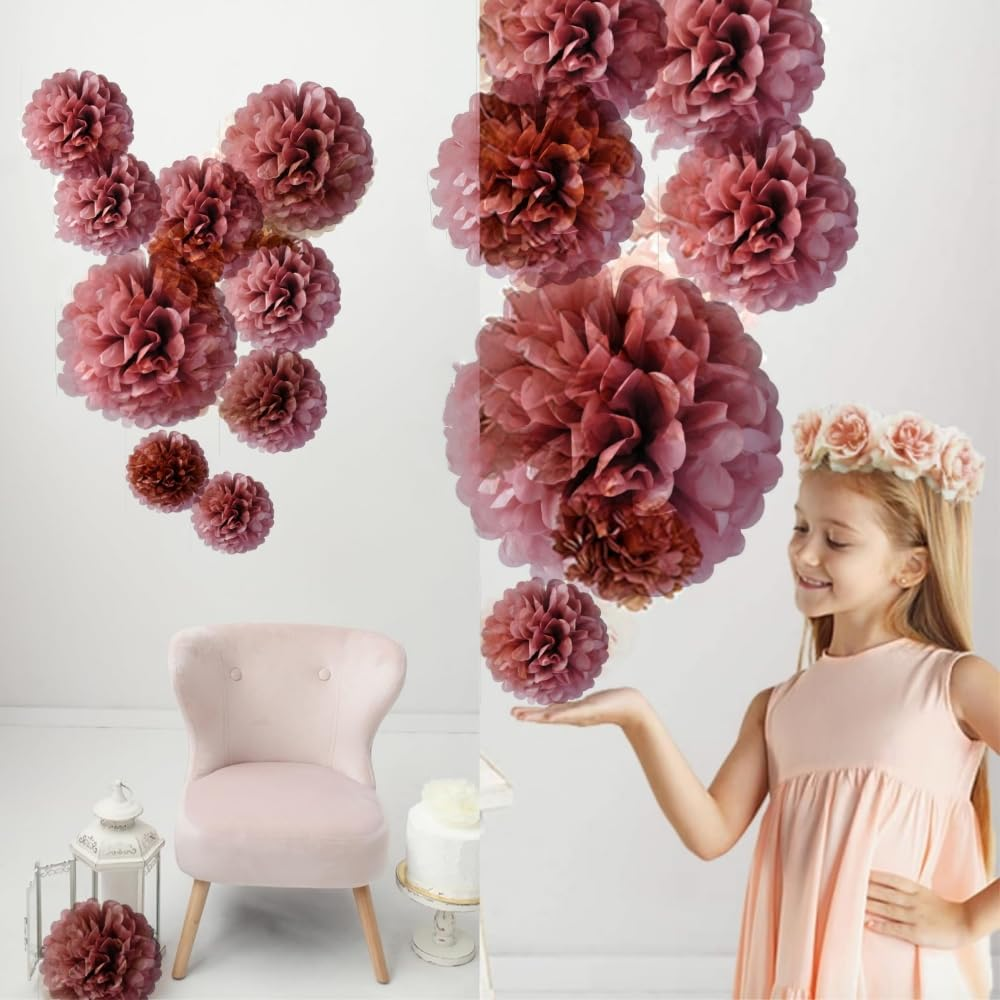 FUNNTY Paper Pom Poms Party Kit-Tissue Pom Poms Paper Flowers Wall Backdrop Centerpieces for Wedding Birthday Baby Shower Bachelorette Bridal Shower Party Supplies（9 Pcs Lotus Pink Color）