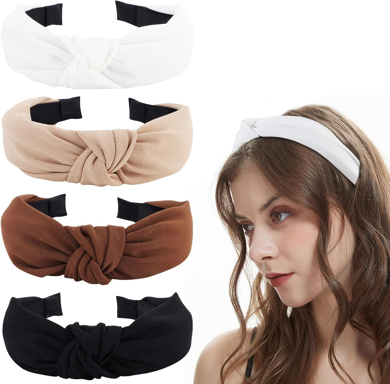 TELAIN Pack of 4 Hair Bands for Women, Top Knot Headbands for Girls, Hair Bands for Women, Plain Turban Wide Hair Bands in Black, White, Beige