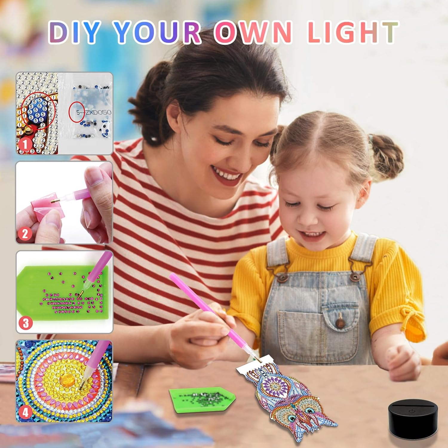 ZUNGGWOK Diamond Painting Kits for Girls 3D Painting Craft Kits Night Lights,Diy Art Kits for 6 7 8 9 10 11 12 Year Old Girls Boys Birthday Gift - Owl image number 5
