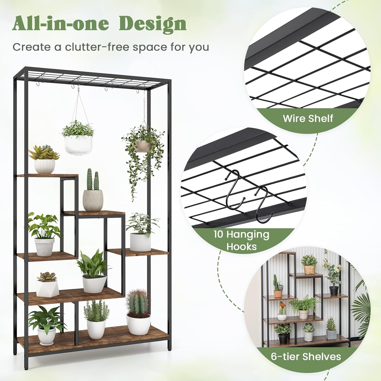 Costway 6-Tier Tall Plant Stand, 180 CM Metal Indoor Plant Shelf W/ 10 Hanging Hooks & Wire Shelf for Multiple Plants, Multipurpose Plant Display Rack for Balcony, Living Room, Black (Black + Rustic Brown) image number 5