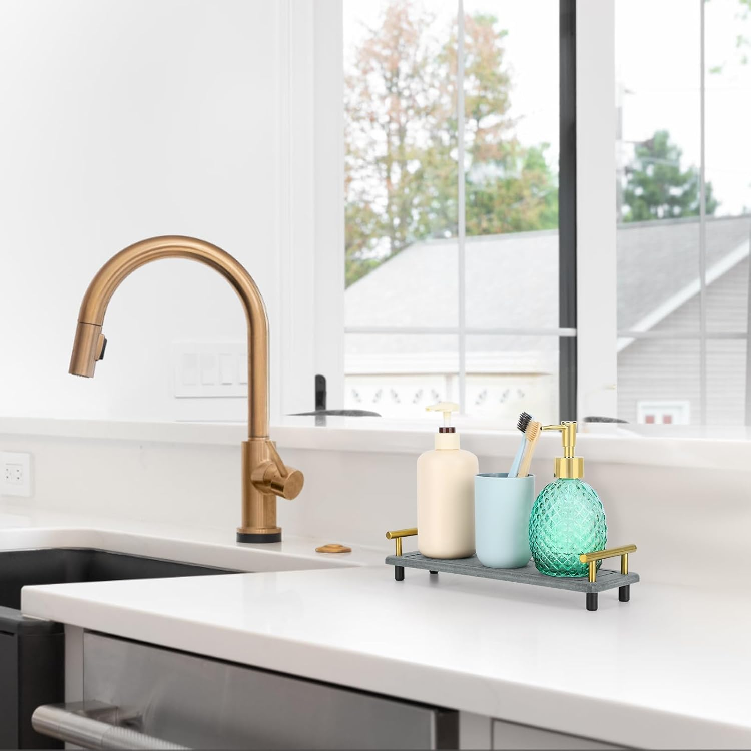 Segbeauty Stone Quick Dry Tray, Countertop Diatomaceous Tray, Instant Dry Sink Organizer, Home Sink Caddy, for Toiletries & Plants, Countertop (With Golden Handle) image number 5