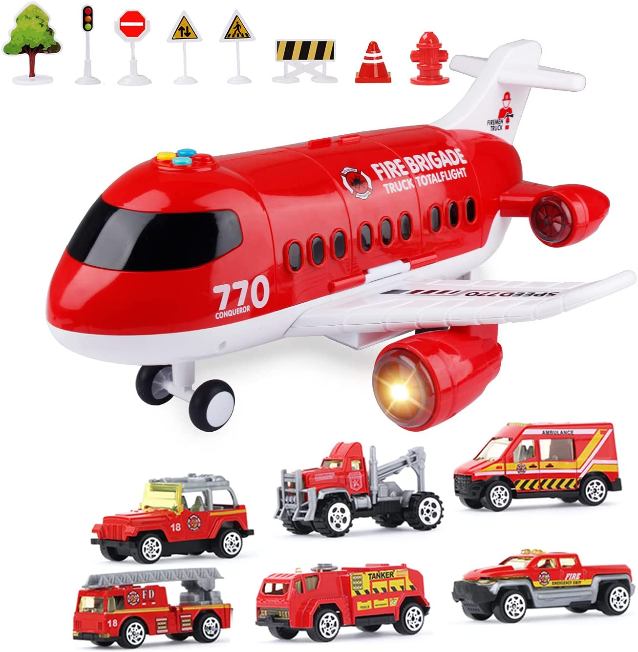 Jenilily Fire Engine Aeroplane Set, Emergency Rescue Plane Toy Cars Play Music Vehicles for 3 4 5 Years Old Boys Kids