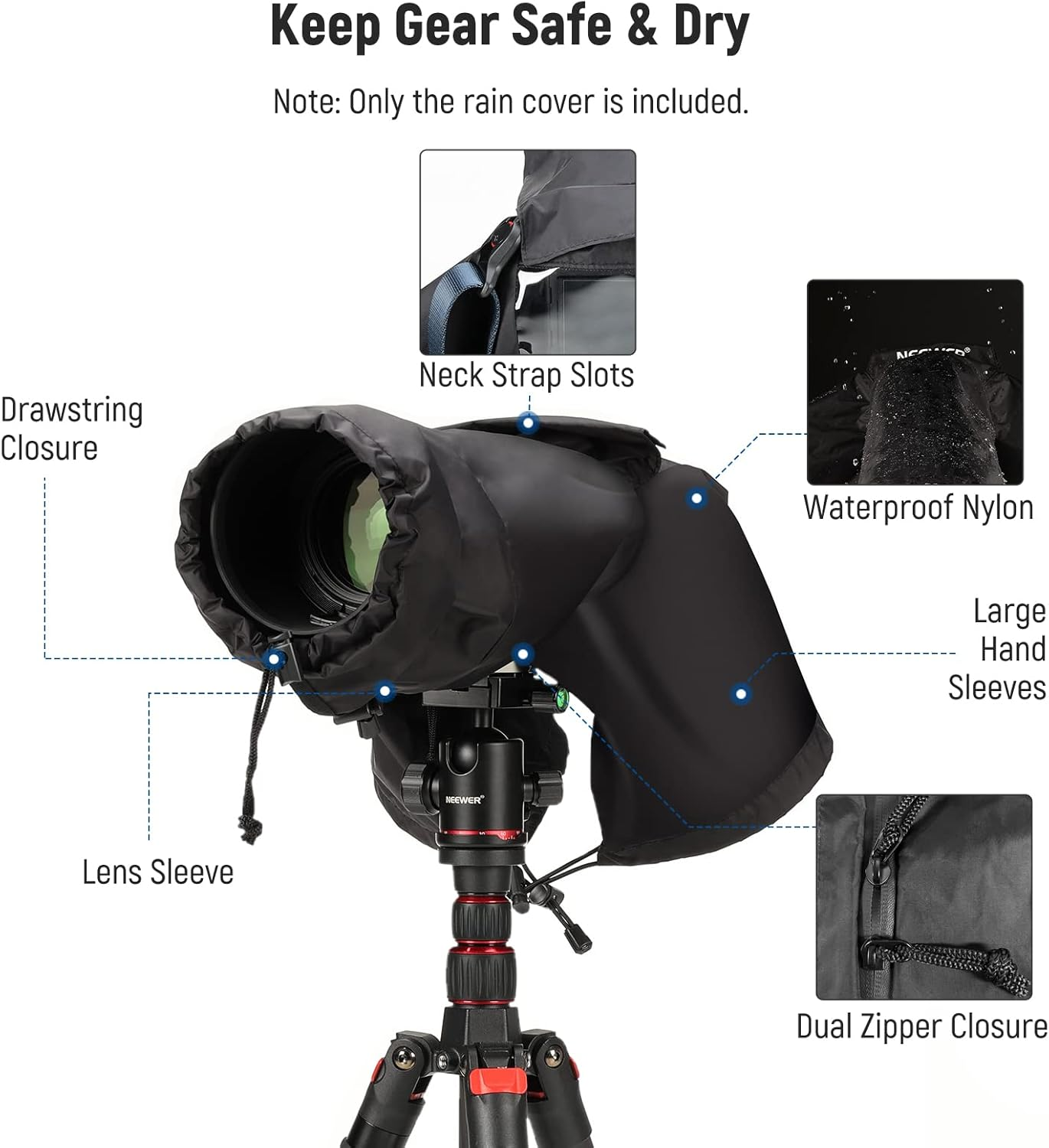 NEEWER Camera Rain Cover, Small Size Durable Nylon Raincoat Compatible with Sony A7 A9 Canon 7D 5D Nikon D750 D850 Cameras and Lenses within ⌀200Mm, with Sleeves, Drawstrings, Viewing Window, PB003 image number 1