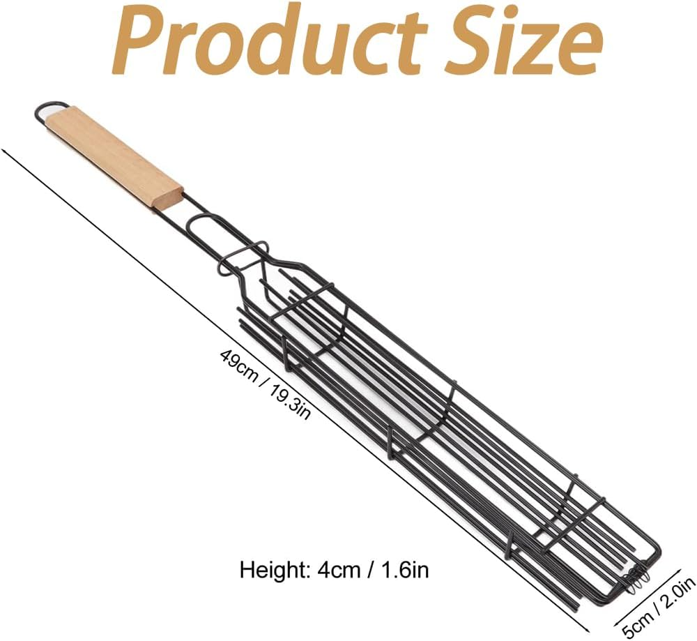 2 Pack Non-Stick Single Kabob Baskets, Barbecue Grill Basket，Bbq Square Grill Mesh with Long Wooden Handle for Fish Vegetable Sausage Meat image number 3