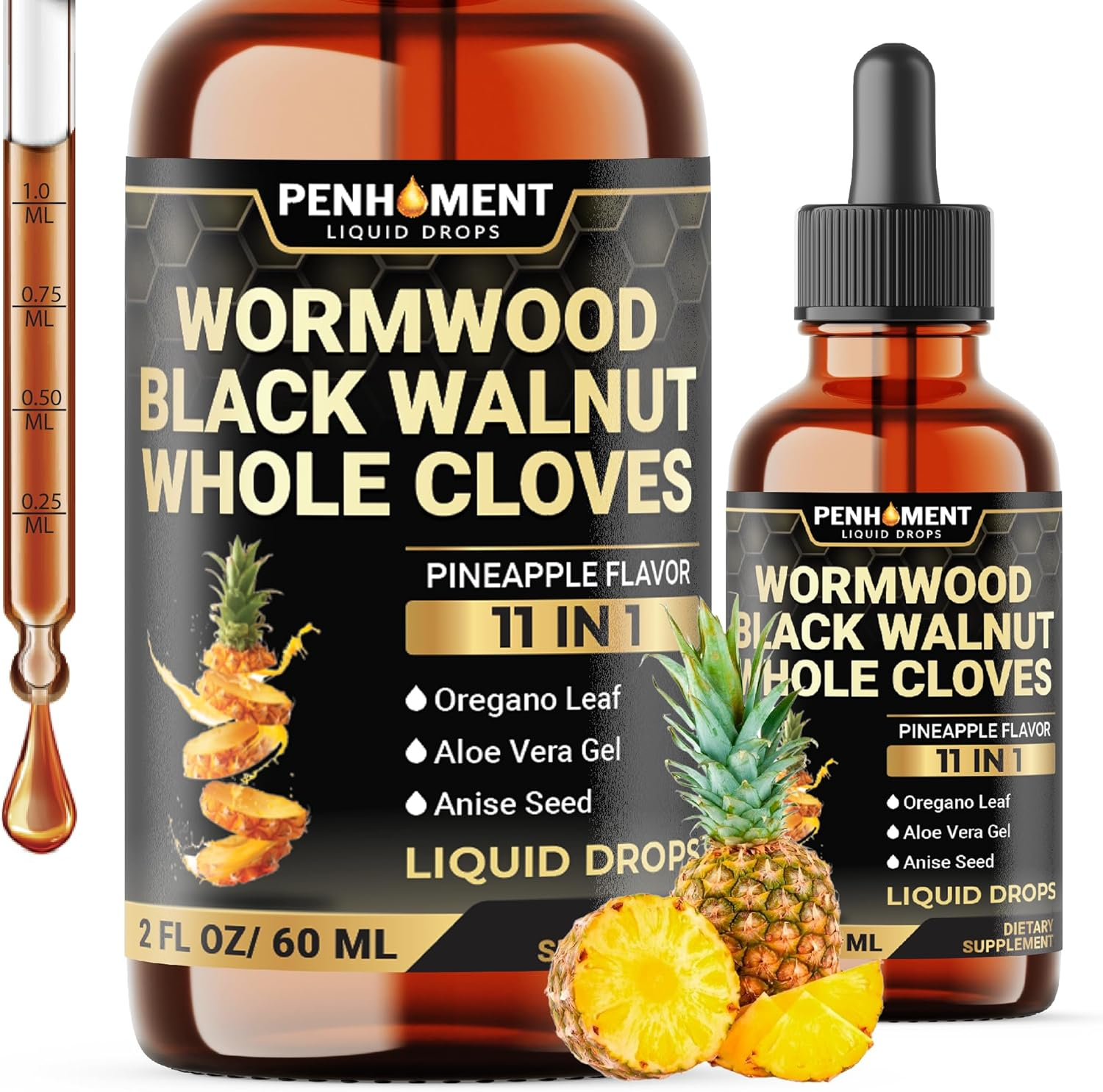 11In1 Liquid Wormwood Drops with Black Walnut, Whole Cloves, Oregano & 7 More - Pineapple Flavor - 2 FL OZ - 60 Days Supply image number 6