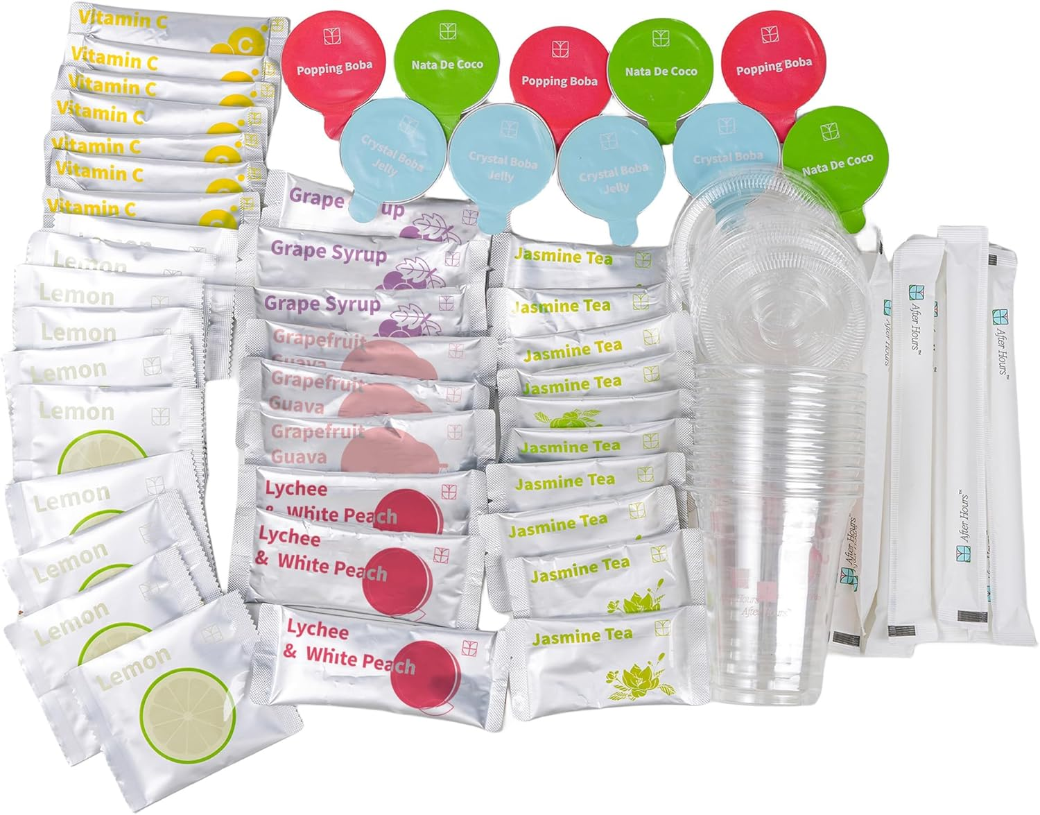 Boba Fruit Tea Kit for Party, 10 Drinks, Natural Tea&Vitamin C Based, Lychee & White Peach with Popping Boba, Grapefruit & Guava with Nata De Coco, Grape Syrup with Crystal Boba Jelly