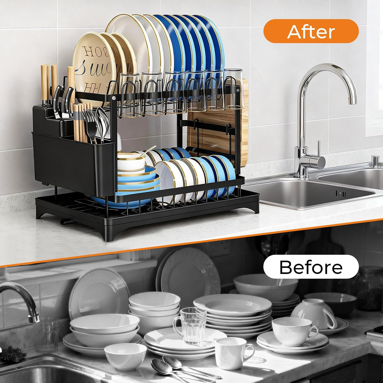 2 Tier Large Dish Drying Rack, Dish Drying Racks for Kitchen Counter Large Capacity Double-Layer Dish Drying Rack - with Knife/Utensil & Cutting Board Holder, Drainage Tray(Black)