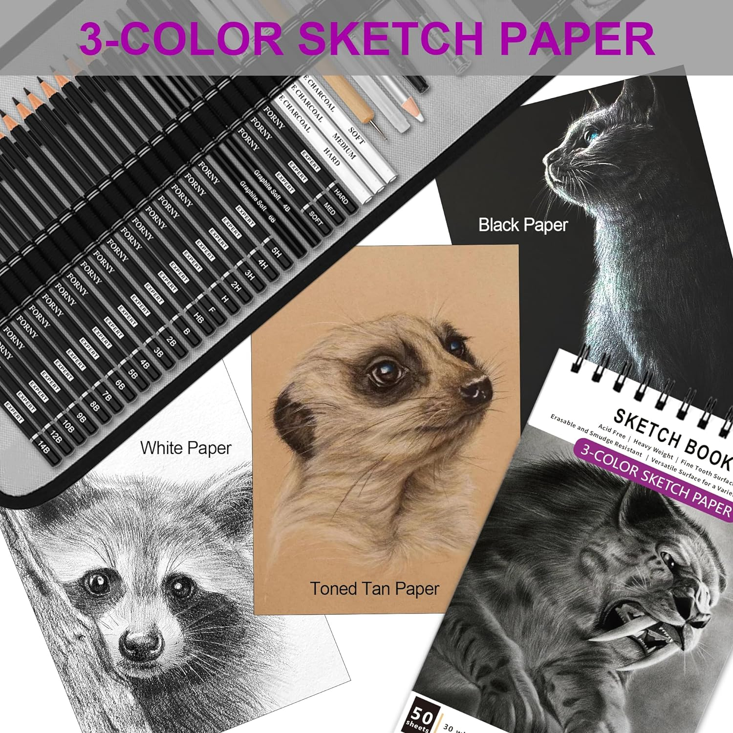HIFORNY 60 Pcs Drawing Kit Sketching Pencil Set,Sketch Pencils Art Supplies with 3-Color Sketchbook,Graphite,Charcoal,Drawing Pencils for Adults Artists image number 2
