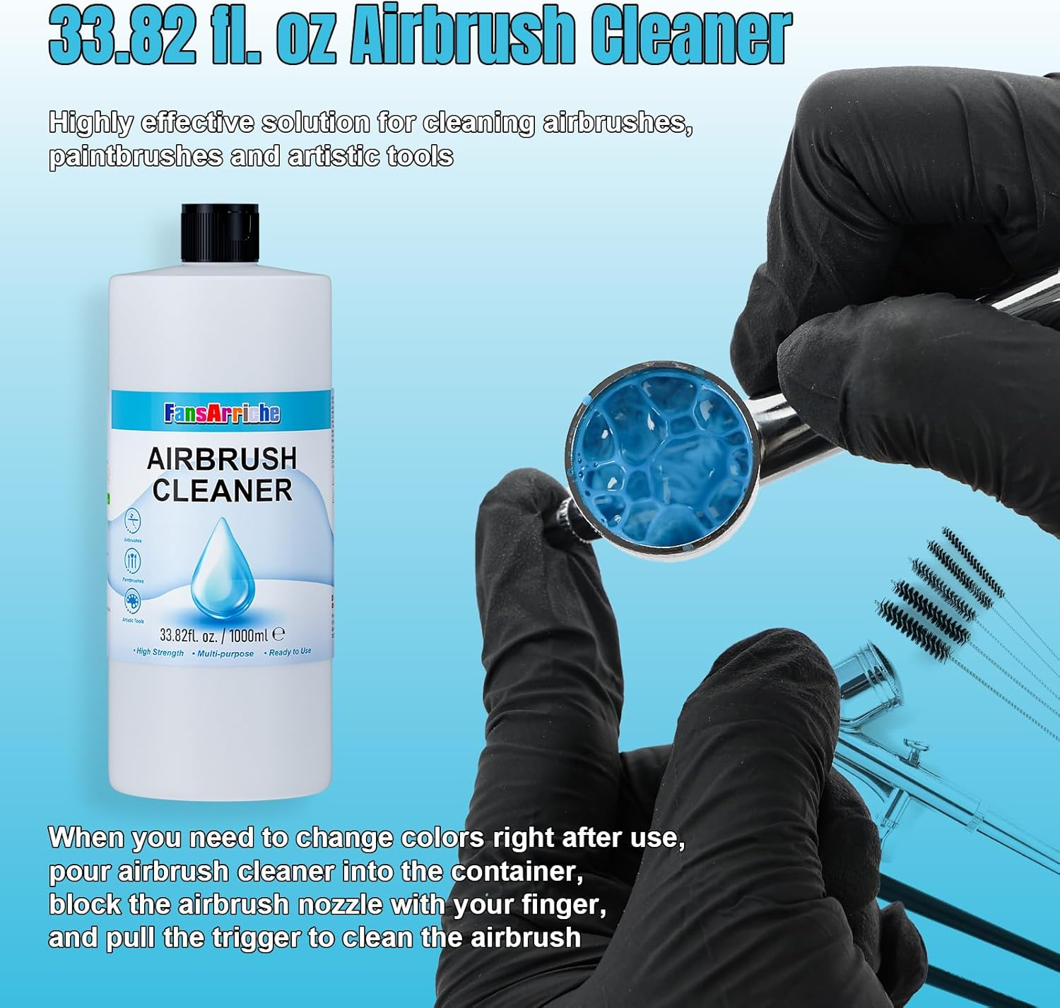Fansarriche Airbrush Cleaner, 33.82 Oz Air Brush Cleaning Solution for Water-Based Acrylic Color Paints, Quickly Clean Clogged Airbrushes, Paint Brushes, Art Tools image number 3