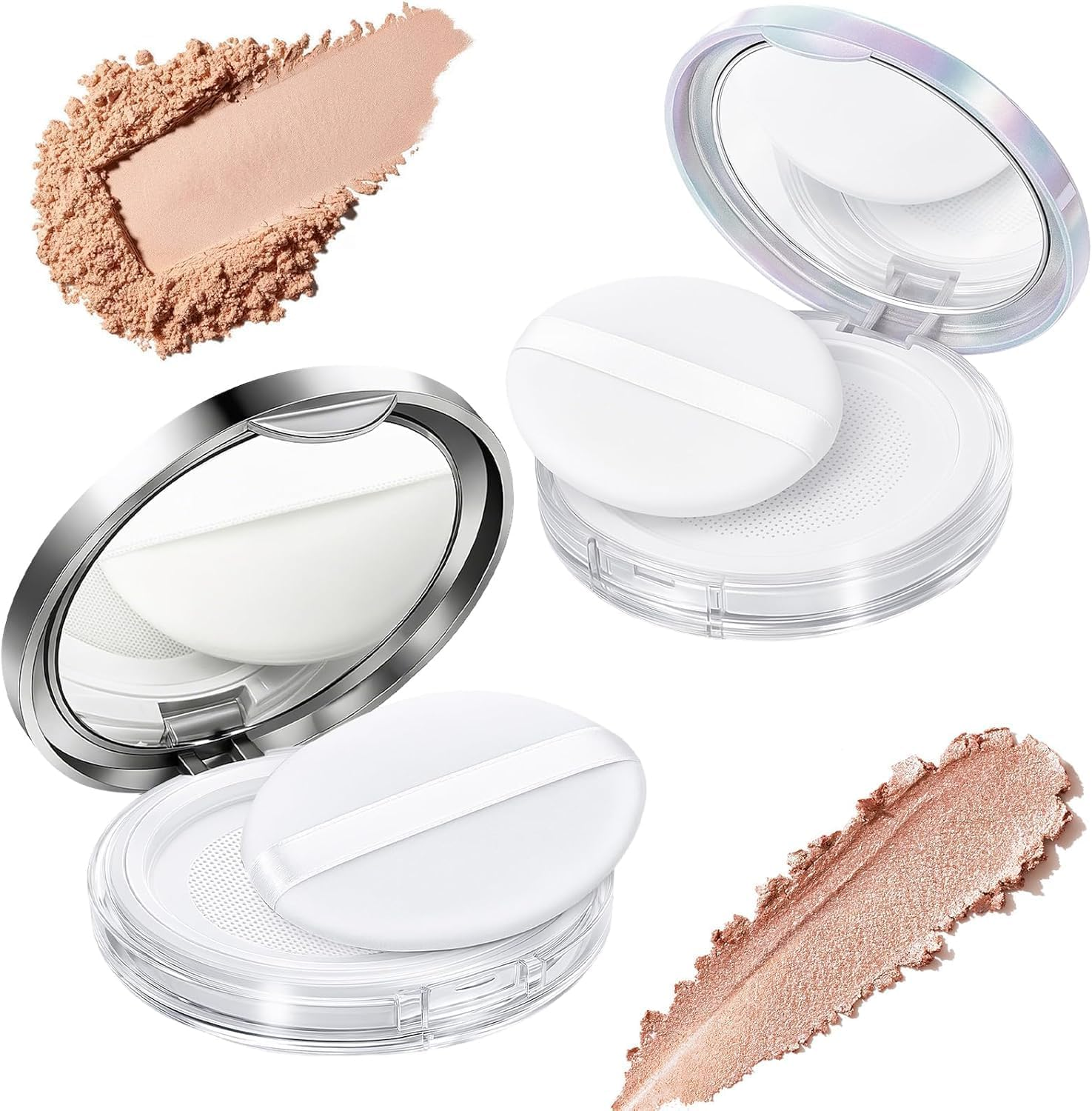 2-Pack Refillable Loose Powder Compact with Puff & Mirror &ndash; Portable Travel Makeup Container with Mesh Sifter, Leak-Proof Empty Case for Blush, Foundation & Setting Powder (Silver, Iridescent Silver)