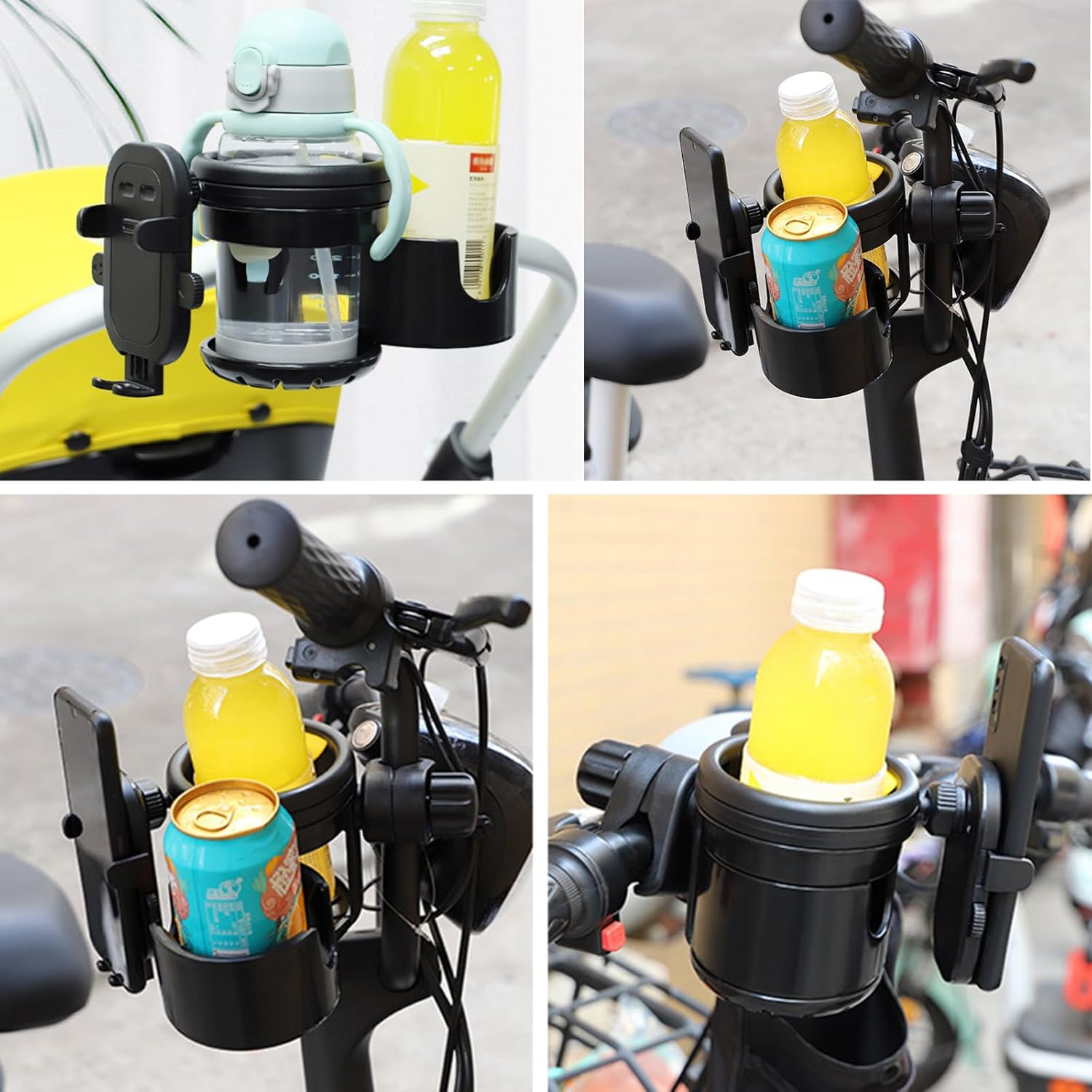 Stroller Cup Holder with Phone Holder, Universal 360 Degree Rotation Pram Drink Holder, 3-In-1 Strollers Storage Rack for Pushchair, Wheelchair, Bike, Wheelchair, Walker, Fits Most Cups (Black)