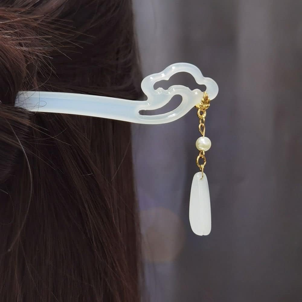 1 Pc Elegant Chinese Acetate Jade Hair Sticks for Long Hair,Hair Fork with Tassel Flower Pendent,Simple Hairpins for Cheongsam Braided Hairpins image number 1