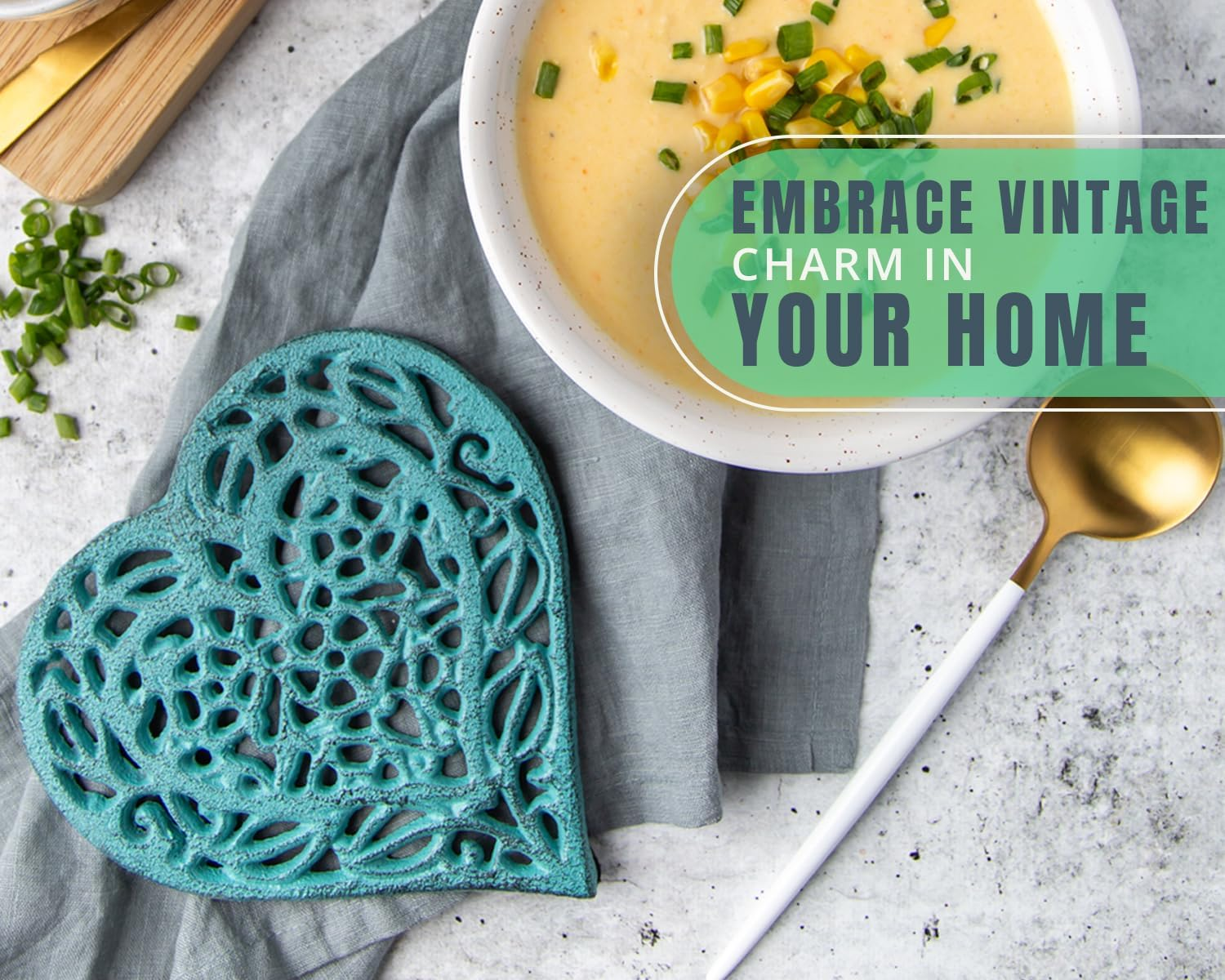 Cast Iron Heart Trivet - Decorative Cast Iron Trivet for Kitchen or Dining Table - Vintage, Rusted Design - 6.75X6.5" - with Rubber Pegs/Feet - Recycled Metal - Blue image number 4