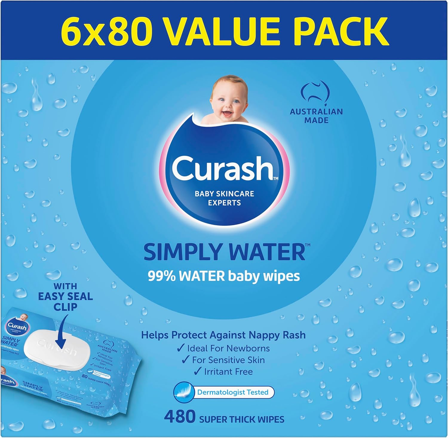 Curash Simply Water Baby Wipes, 6X80 Pack, Thick and Soft Texture, 99% Water with No Soap, Alcohol or Parabens, Suitable for Newborns, Everyday Cleansing and Nappy Changes, 480 Wipes image number 2