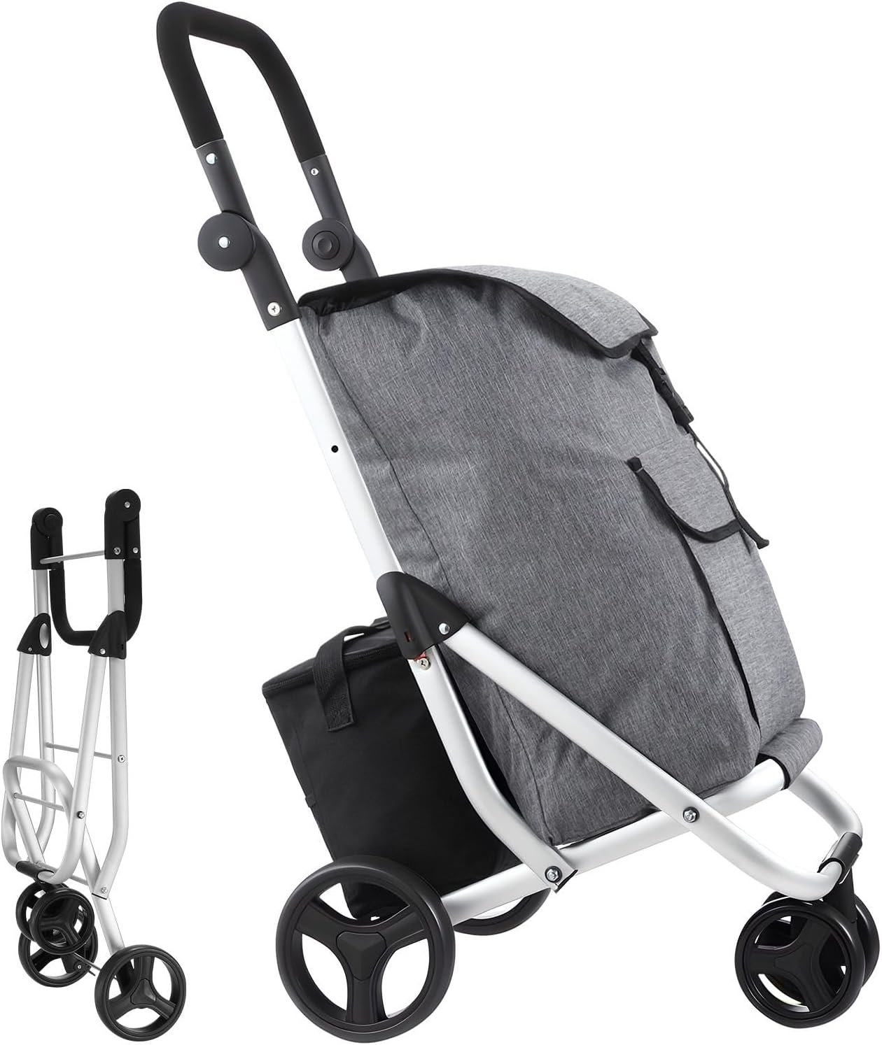 Waterproof Shopping Cart Foldable Trolley Aluminium Grocery Bag with Wheels Black 45L