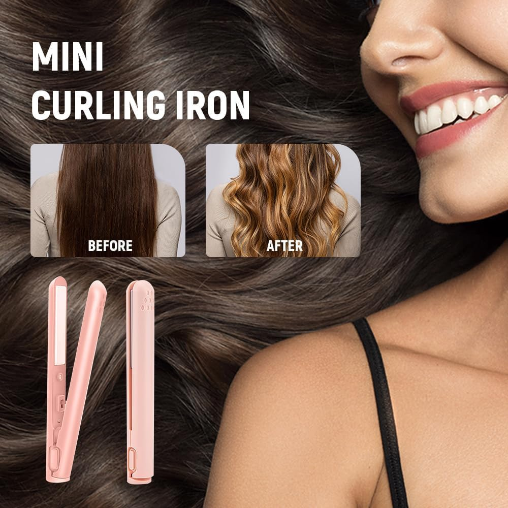 Mini Dual Purpose Curling Iron, 2025 Upgrade Mini Curling Wand and Flat Iron Mini Curling Iron Hair Straightener Curling Iron, Portable Travel Curling Wand for Short and All Hair Types (Pink) - Green image number 6