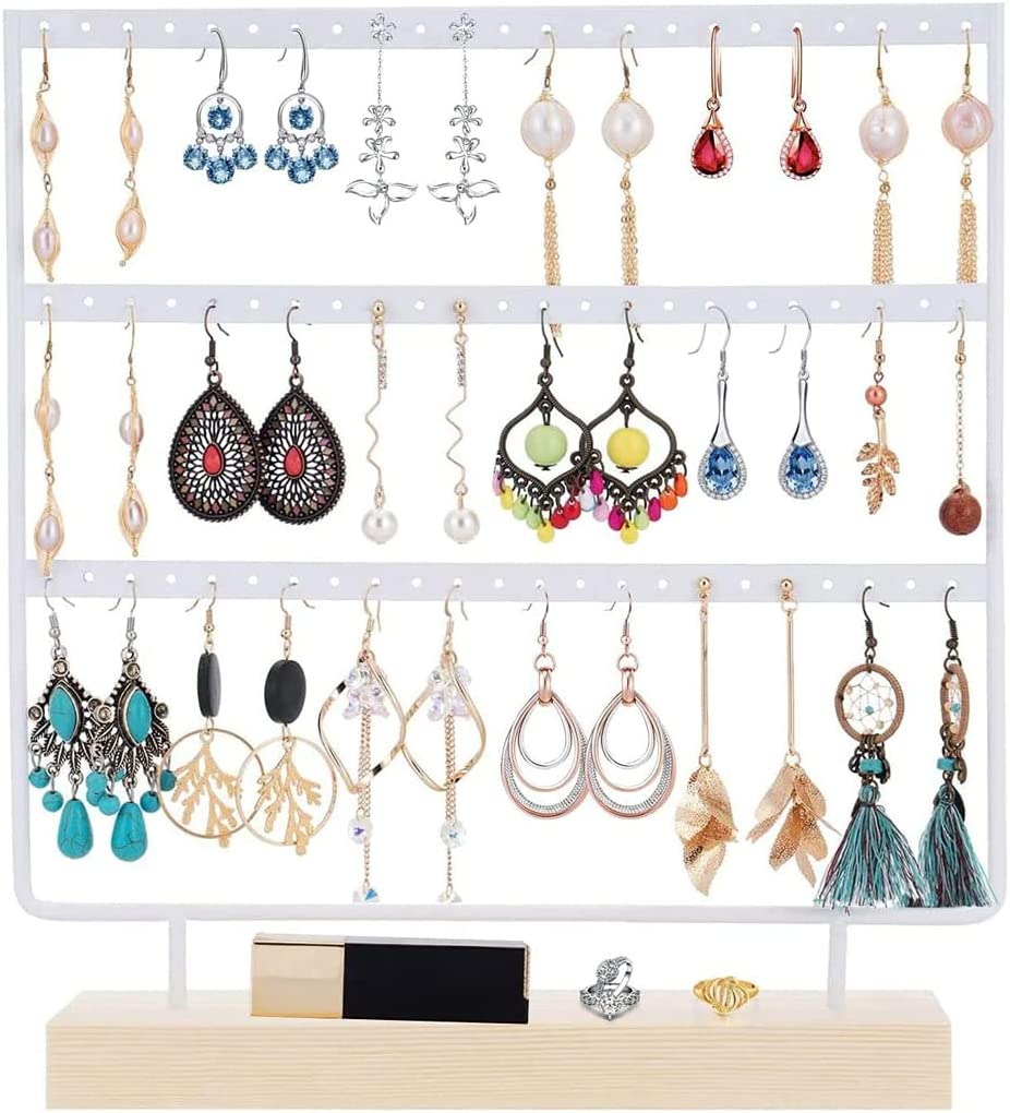 Earring Holder Jewelry Display Stands, 3-Tier 72 Holes Earring Organizer Stand Jewelry Holder Organizer Wooden Base Women'S Jewelry Tower Home and Office Decor for Hanging Earrings (Black)