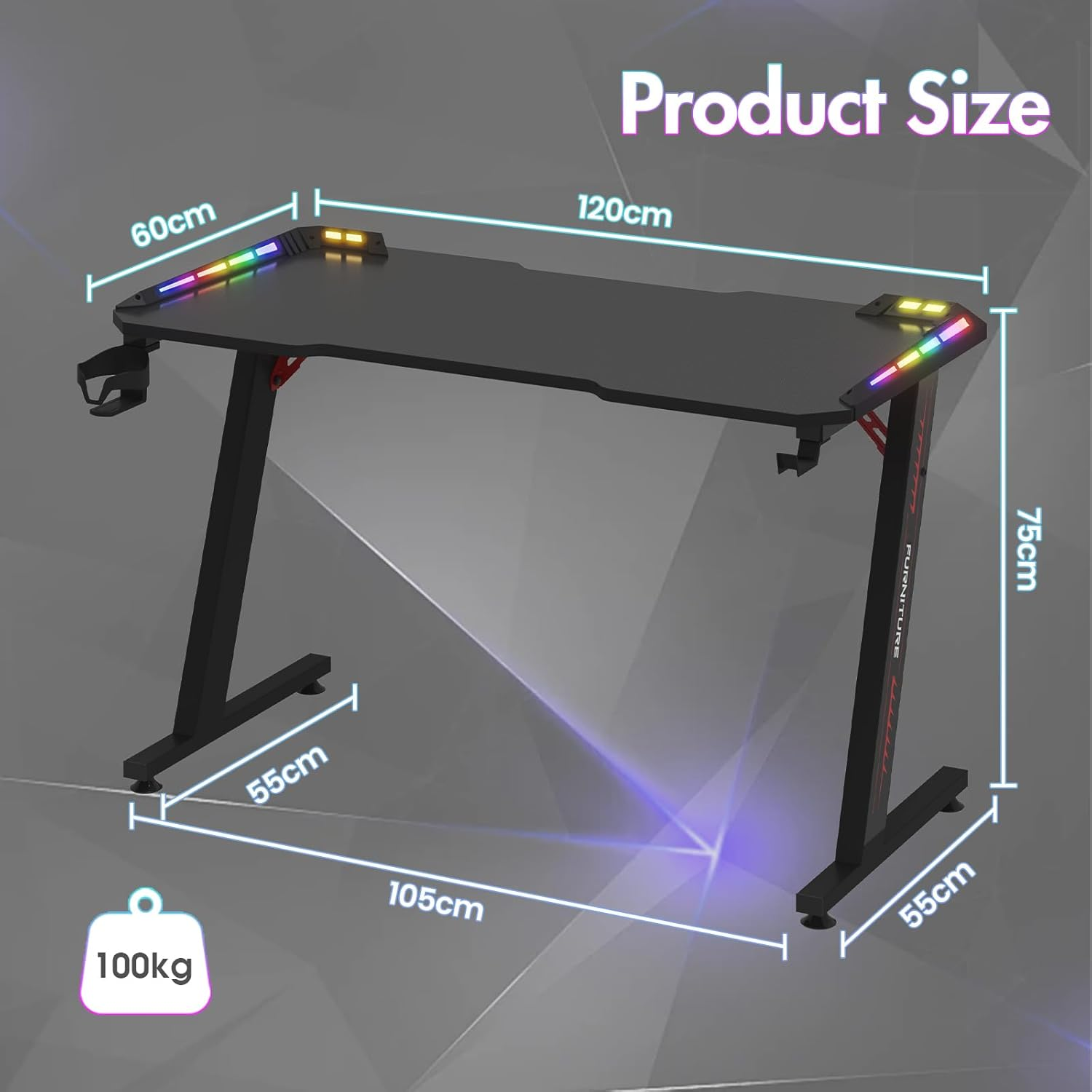 ADVWIN Black Gaming Desk 120Cm LED Gaming Workstation with RGB Light Z Shaped Computer Desk Pc Desk with Carbon Fiber Surface Cup Holder & Headphone Hook image number 6