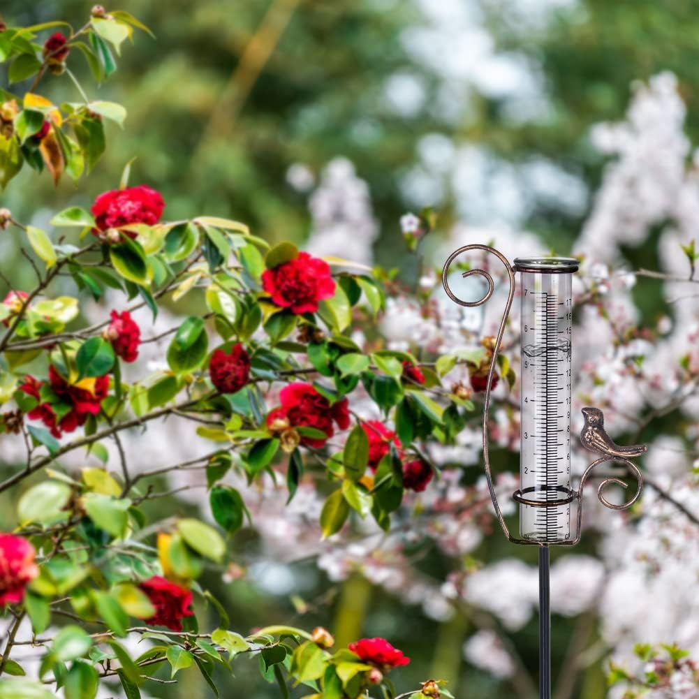 Rain Gauge Outdoor,7" Glass Rain Gauge with Metal Stake, Decorative Bird Rain Gauge for Yard Garden Lawn Decor image number 1