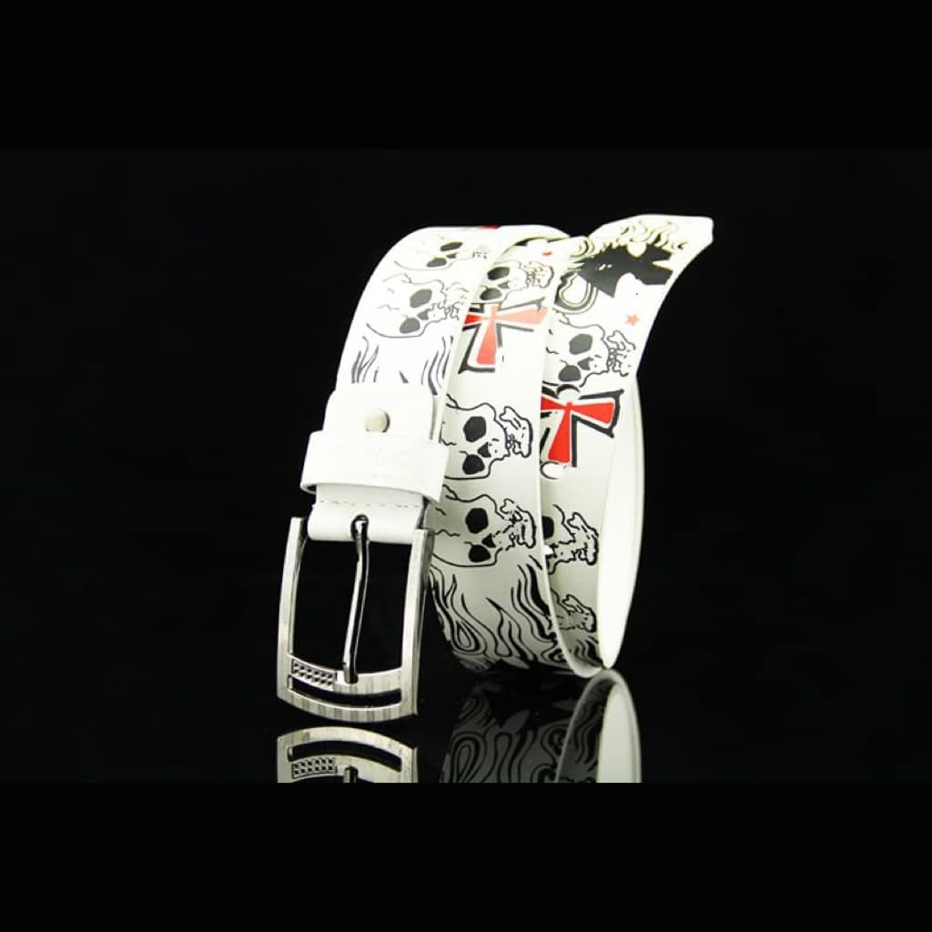 AIBEARTY Punk Skull Skeleton Pattern Pin Buckle Belt Gothic Casual Pu Leather Waistband for Women Men - White image number 3