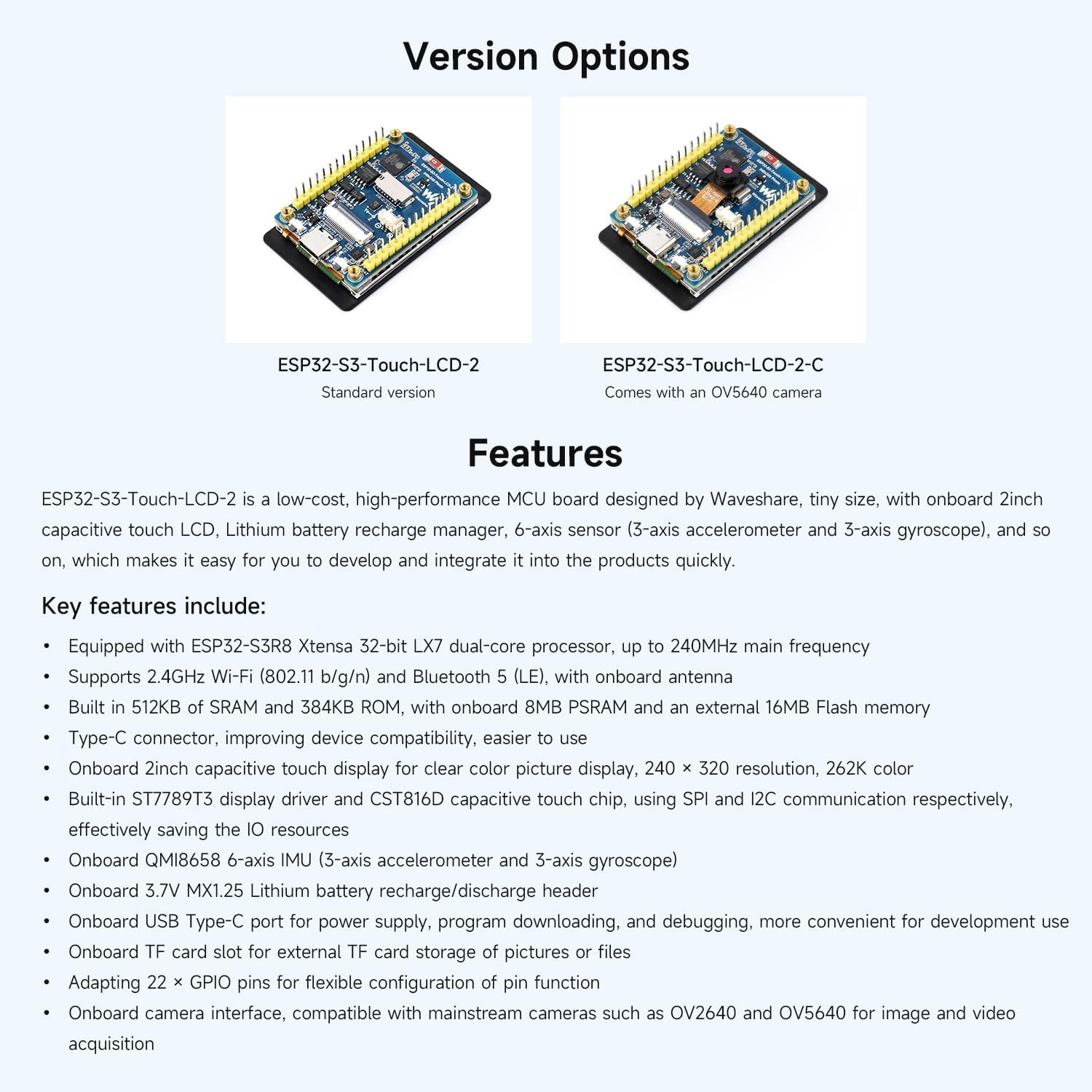Waveshare ESP32-S3 2Inch Capacitive Touch Display Development Board, 240&times;320 Pixels, IPS Panel, 32-Bit LX7 Dual-Core Processor, up to 240Mhz Frequency, NOT Include OV560 Camera image number 1