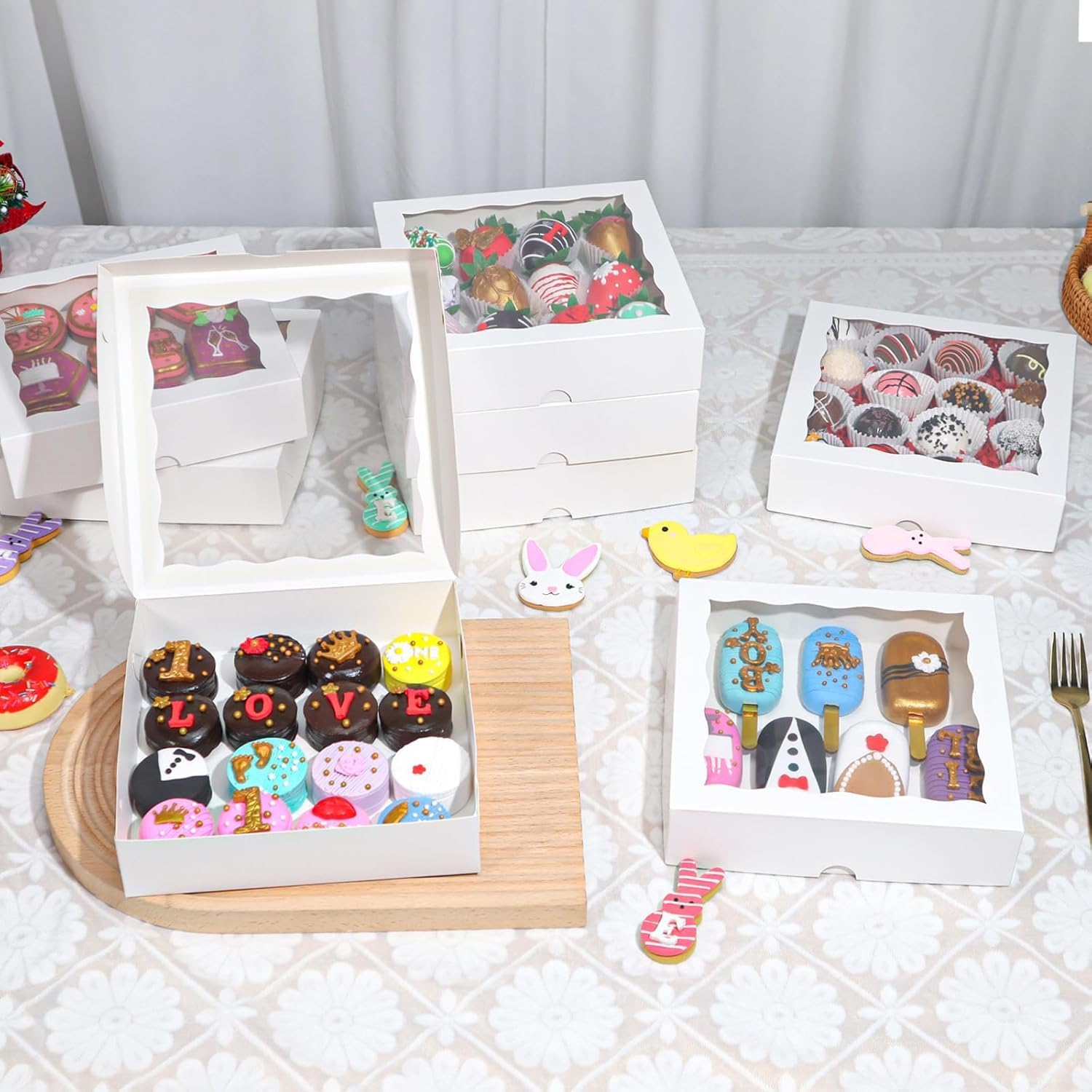 Romanticbaking 50Pcs 8X8X2 Inches Bakery Boxes with Window Cookies Boxes Chocolate Covered Strawberries Boxes Pretzel Boxes Cakesicle Browines Boxes image number 3