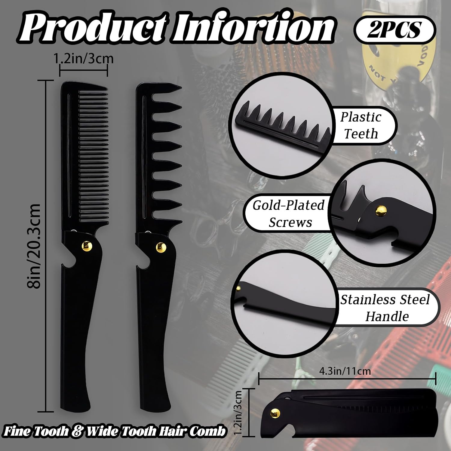 Realand 2Pcs Folding Pocket Beard Comb for Men - Fine Tooth & Wide Tooth Hair Comb with Stainless Steel Cover, Small Travel Comb for Styling Hair, Beard or Mustache (Black) image number 4