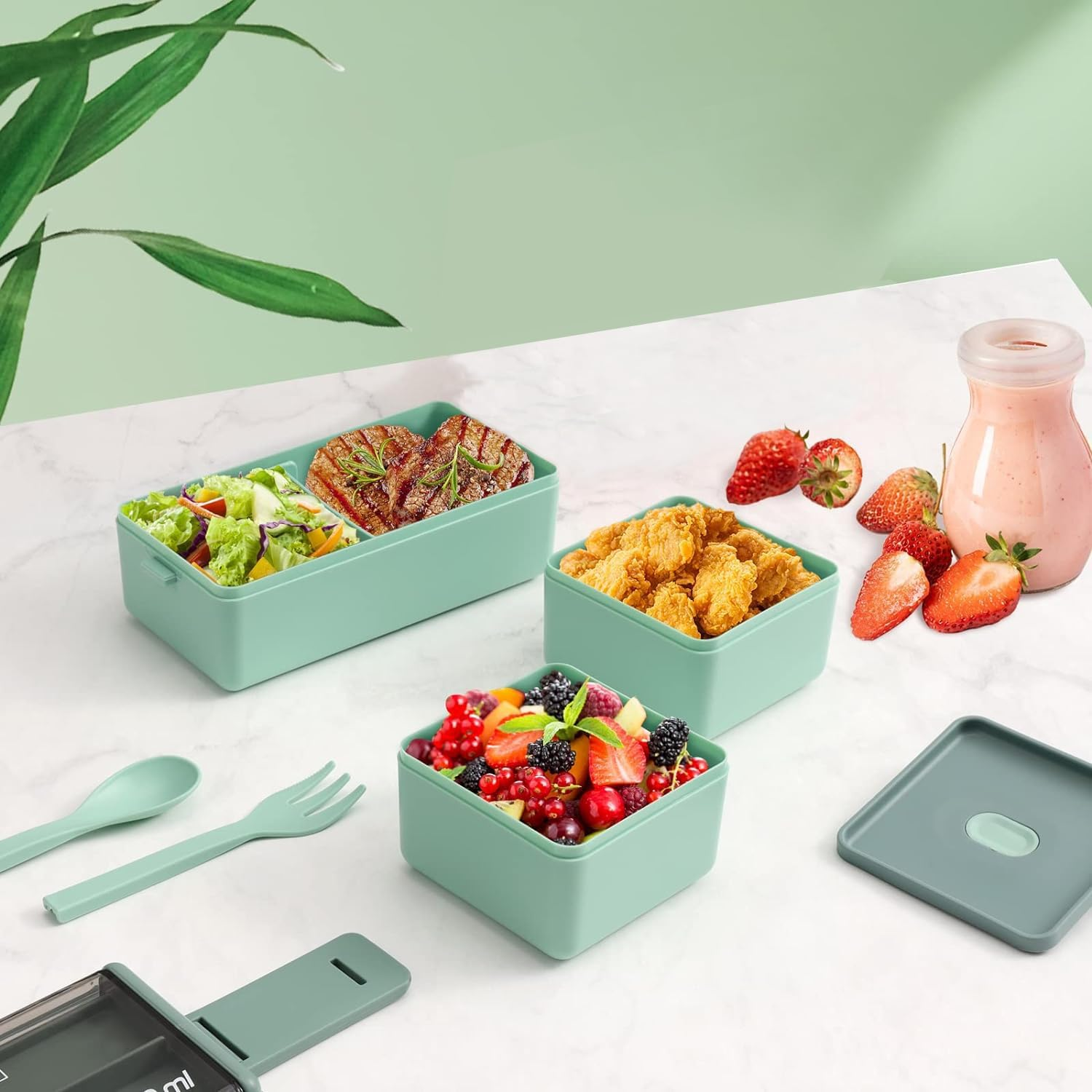 Lunch Box, 1400Ml Bento Box with Spoon Fork, Stackable 2 Layer 3 Compartments Leak Proof, Meal Prep Container for Adults Kids Students Office Microwave Dishwasher Safe image number 4