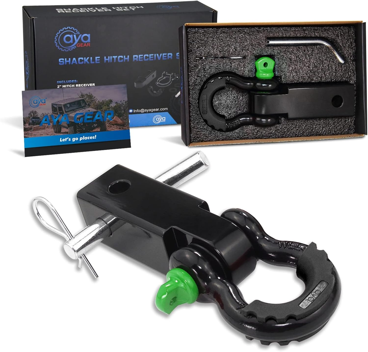 Aya Gear Shackle Hitch Receiver 2 Inch 35,000Lbs Break Strength Heavy Duty Receiver with 5/8" Screw Pin, 3/4 Shackle. Vehicle Recovery Off-Road, Towing Accessories Compatible Trucks Jeeps (Greenpin)