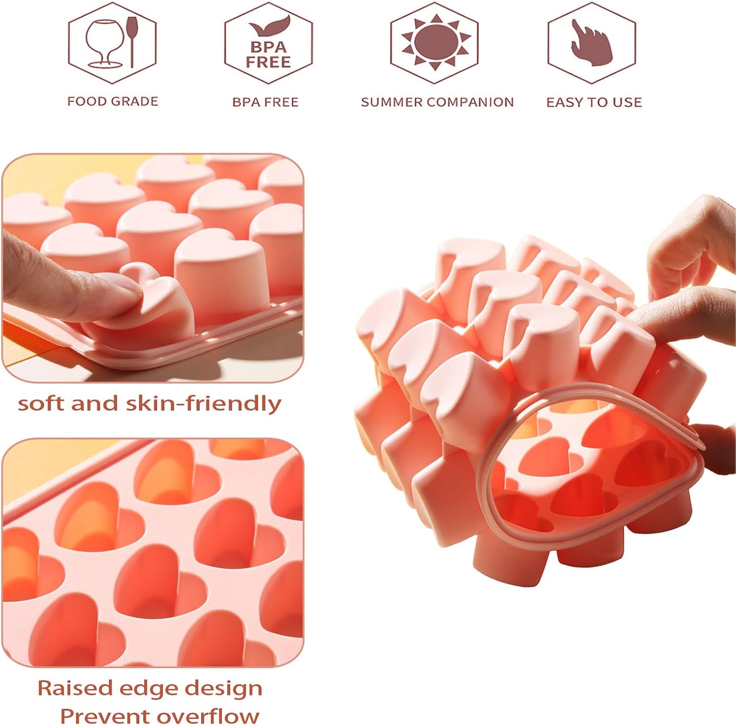2 Pack Heart-Shaped Ice Cube Trays with Lid and Bin - 48 Holes Silicone Mini Heart Ice Cube Tray, BPA Free and Dishwasher Safe, Fun Shape Ice Cube Mold, Easy to Remove image number 5
