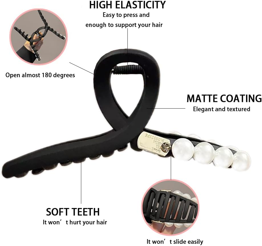 2 Pack Large Pearl Hair Claw Clips for Women - Strong Hold, Nonslip, Jumbo Hair Accessories for Thick, Thin, Curly Hair - Black and Brown Hair Clips with Storage Bag image number 5