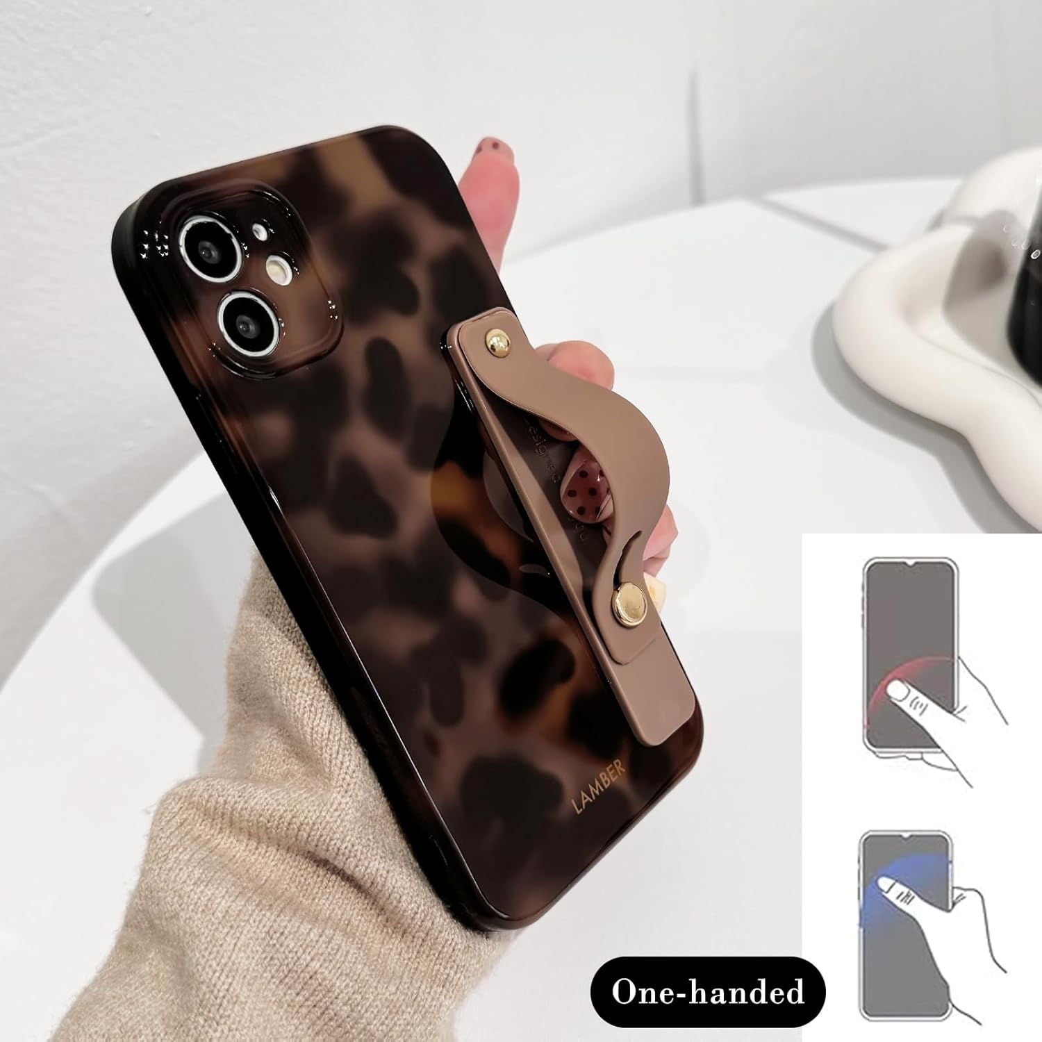 NITITOP Compatible with Iphone 11 Case Cute Leopard Print Brown Amber Tortoise Design for Women Girls Men with Wrist Adjustable Hand Strap Kickstand Aesthetic Protective Cover - Brown image number 6