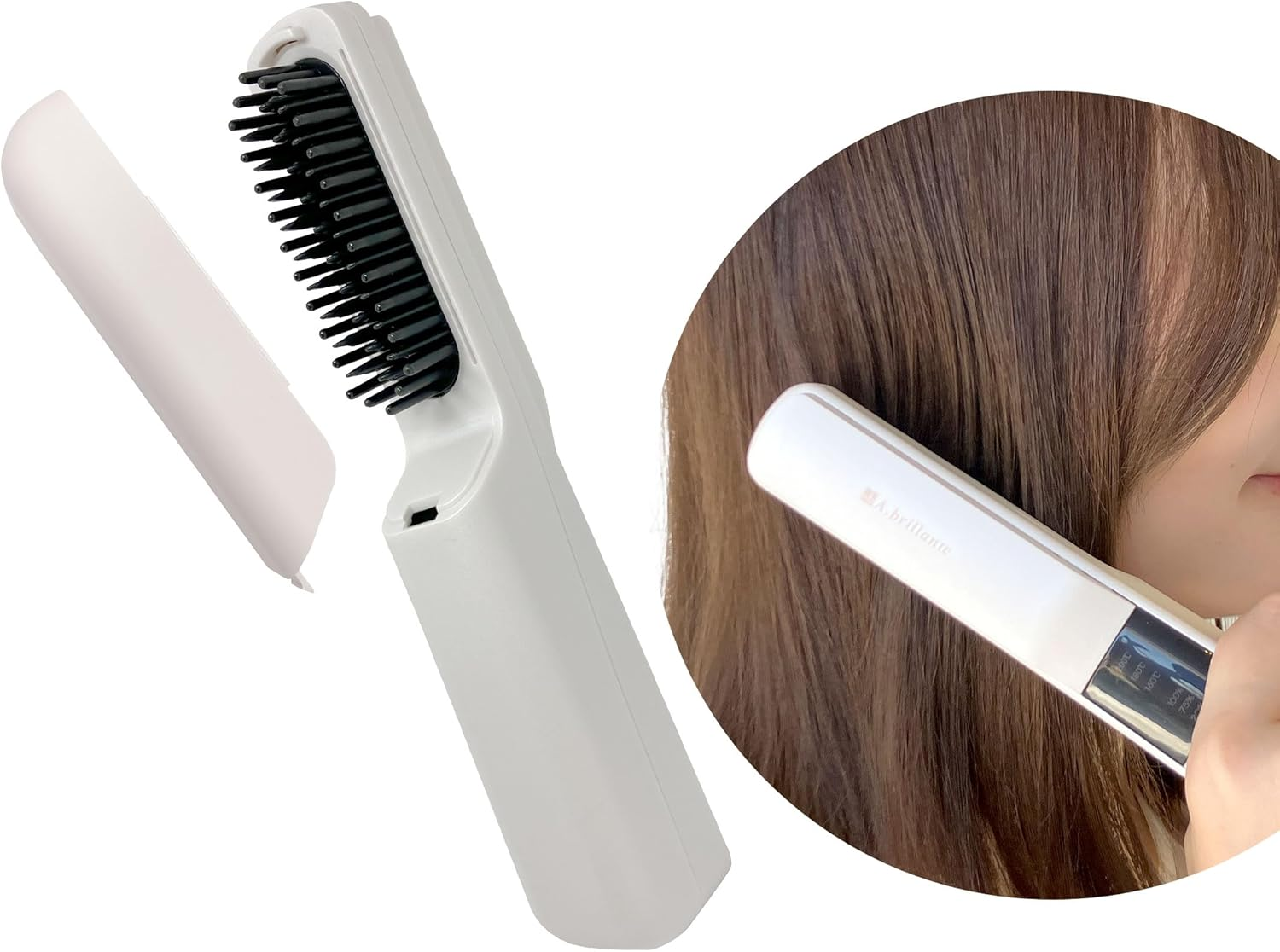 A.Brillante Cordless Hair Brush Iron, Mini USB Charging, Hair Iron, Brush, Straight, Heat Brush, Small, Compact, Ecru