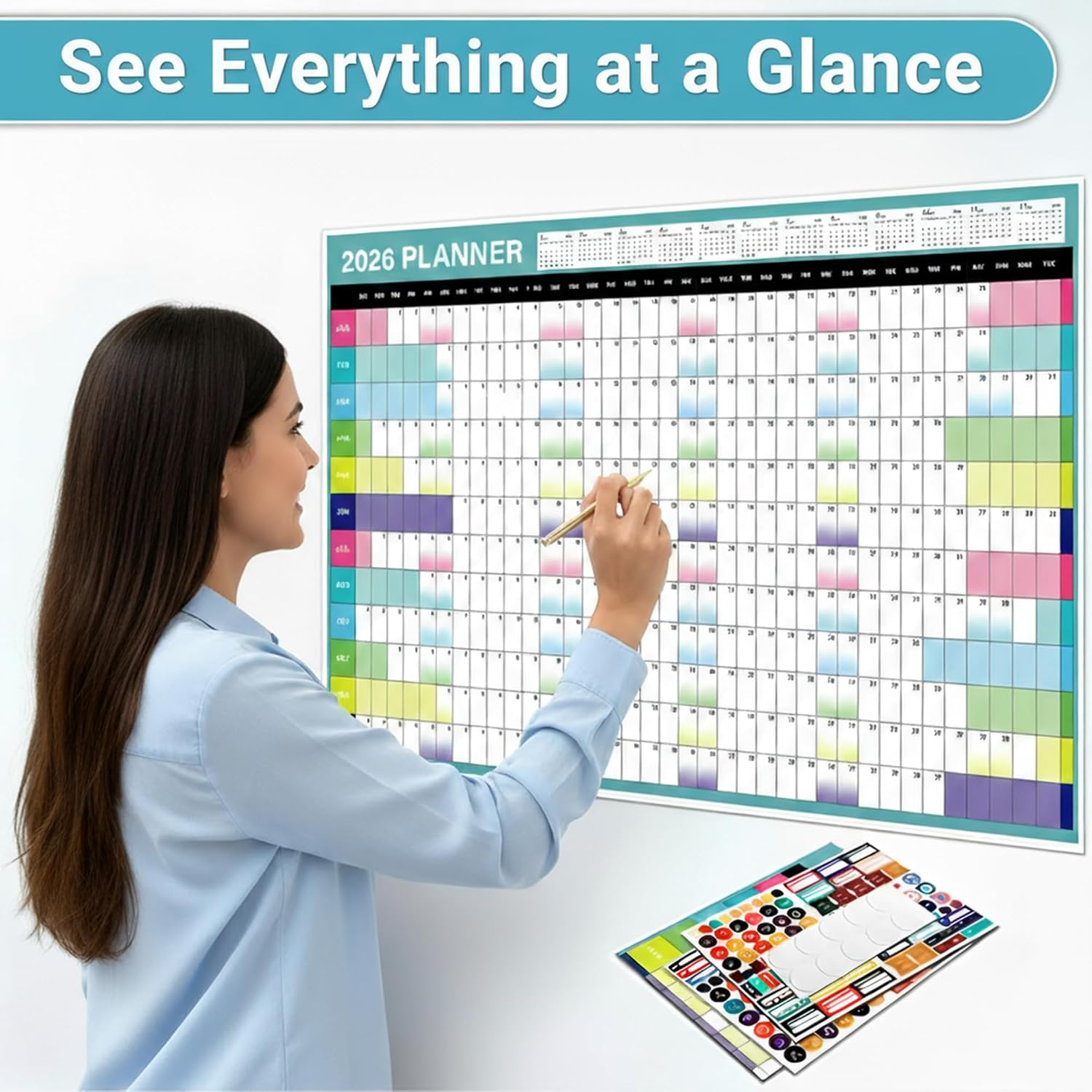 2026 Wall Calendar Large Yearly Planner &ndash; Full Year Annual Calendar Planner, Paper Wall Chart Plan 12 Months, Colored Stickers,365 Daily Plan for Home, Office, Classroom Organization & Decor image number 2