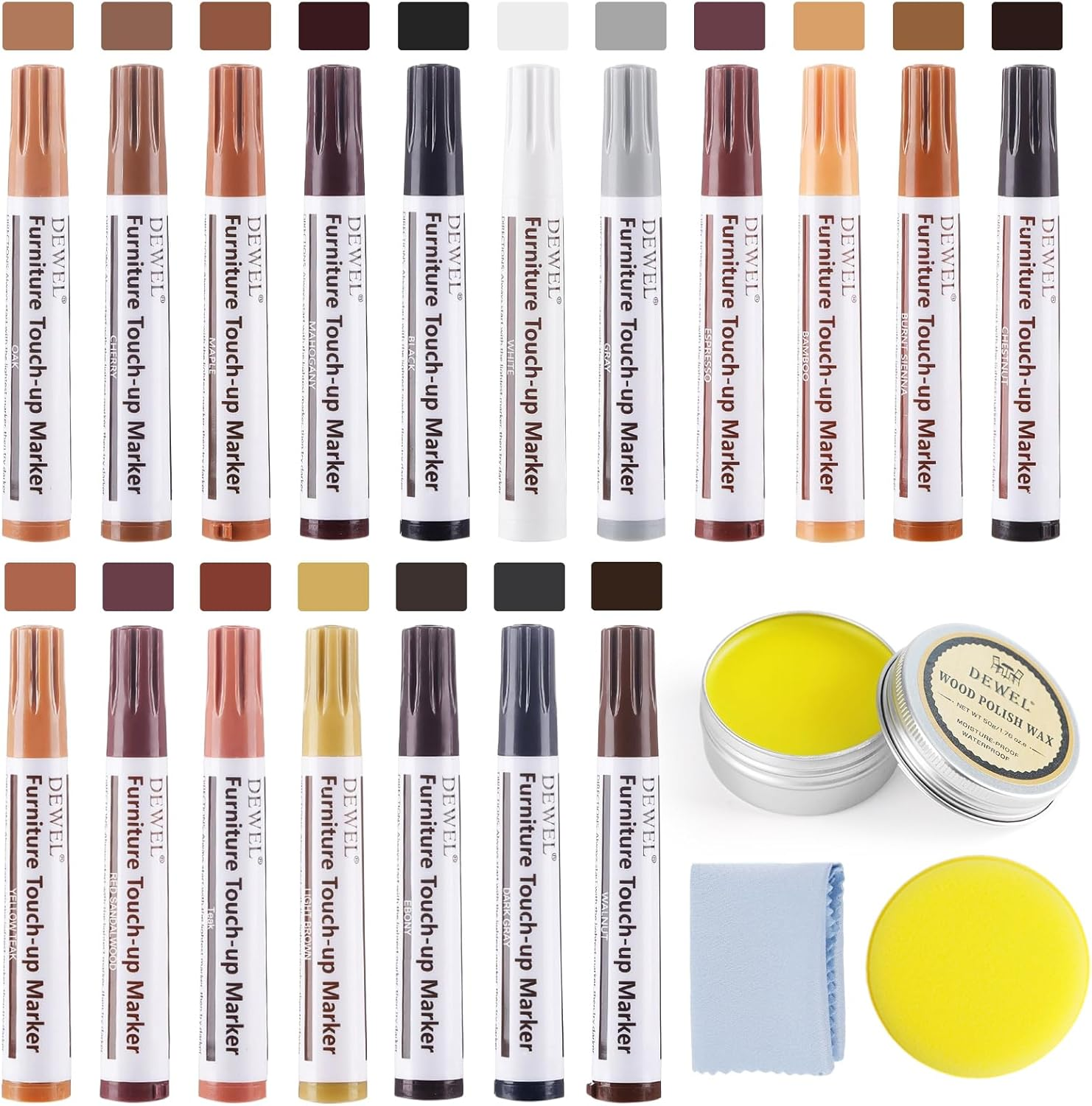 DEWEL Furniture Markers Touch up - 18 Color Wood Markers Repair Kit with Wood Polish Wax, Upgrade Floor Repair Kit, Pens for Scratches, Table, Cabinet, Bedpost