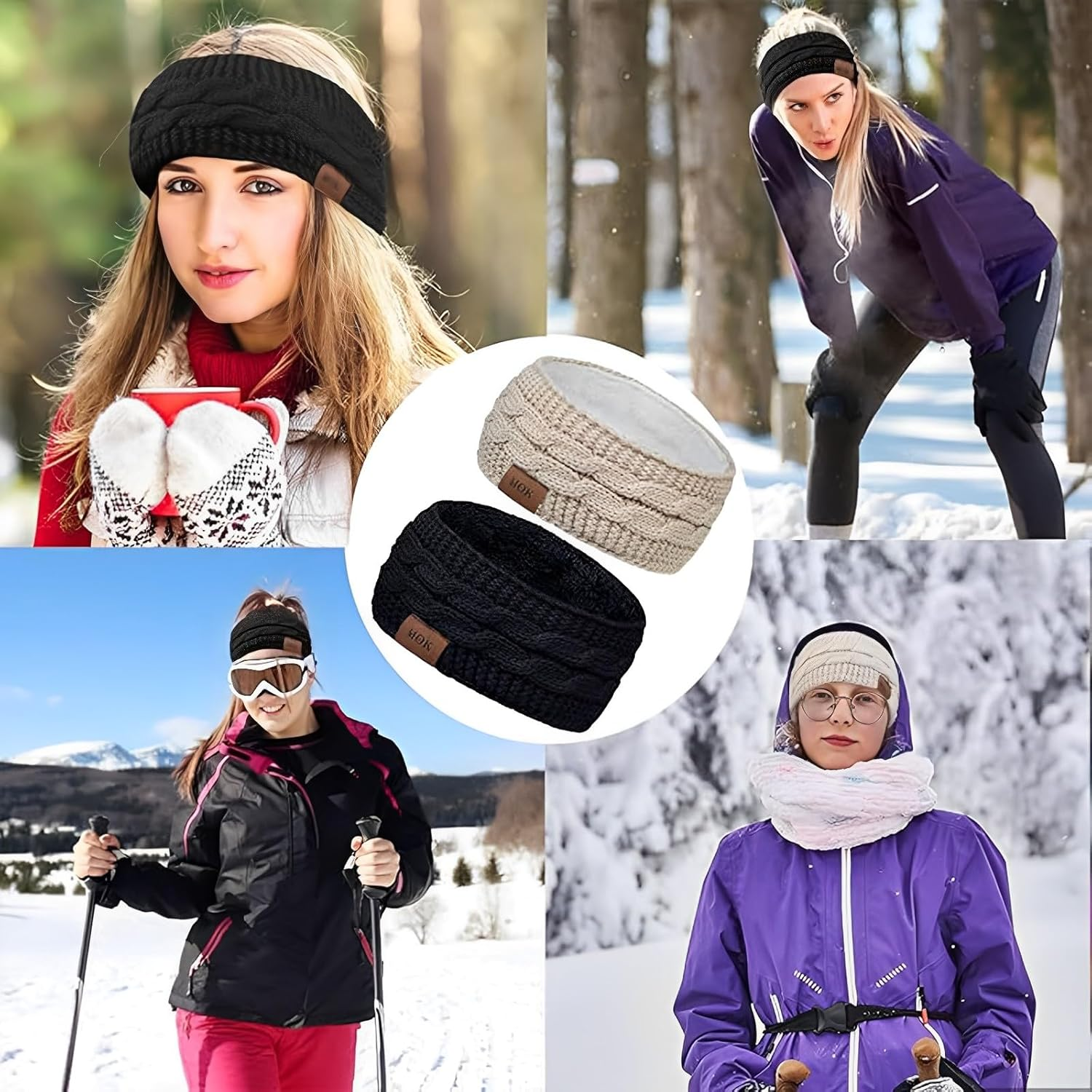 MOAZIFI Women'S Winter Knitted Headbands, Ear Warmers, Elastic Headband, Thickening, Winter Ear Warmers for Outdoor Sports, Shopping, Skiing, Running, Jogging (Black + Beige), 1, 1 St&uuml;ck (2Er Pack) image number 2