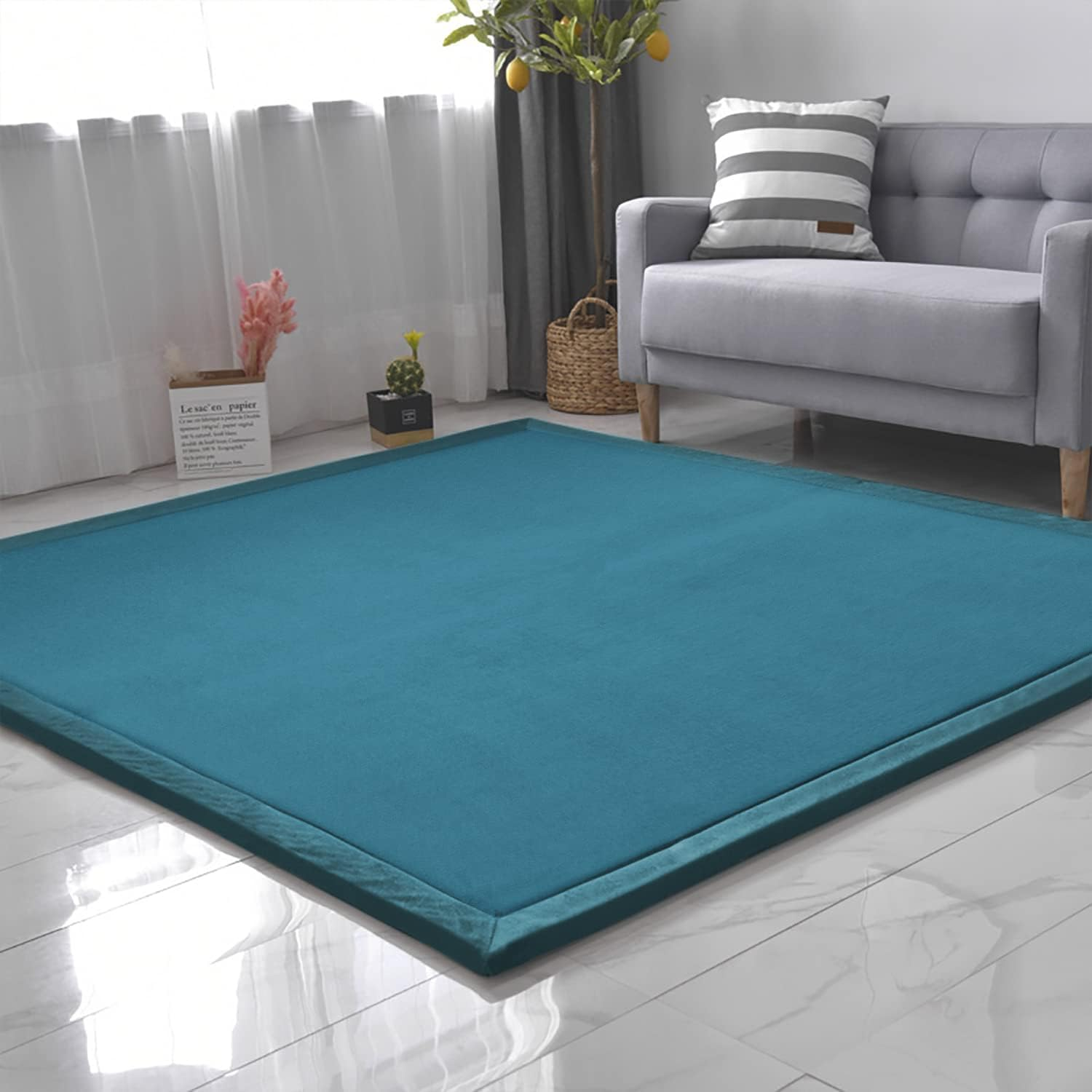 Coral Velvet Area Rugs Play Mat, 3Cm Thick Carpet Crawling Mat for Nursery Baby Toddler Children Kids Room, Yoga Mat Exercise Pads (Bluestone, 150X200Cm)