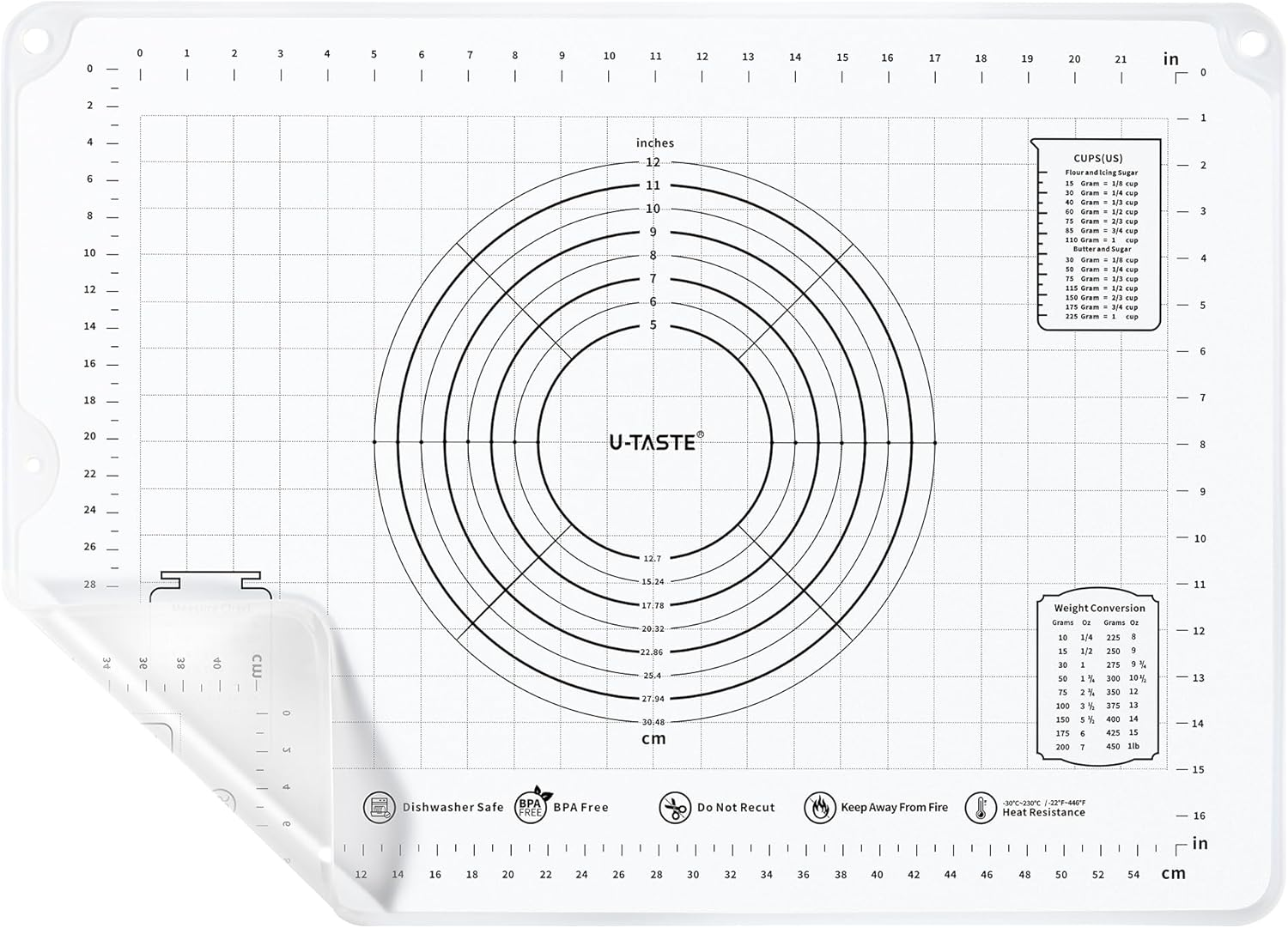 U-Taste Small Silicone Kneading Mat: 50X40Cm Food-Grade Non-Stick Dough Rolling Baking Mat, Non-Slip for Making Pastry Pizza, Fondant, Pie Crust with Clear Measurement and Raised Edges (Transparent)